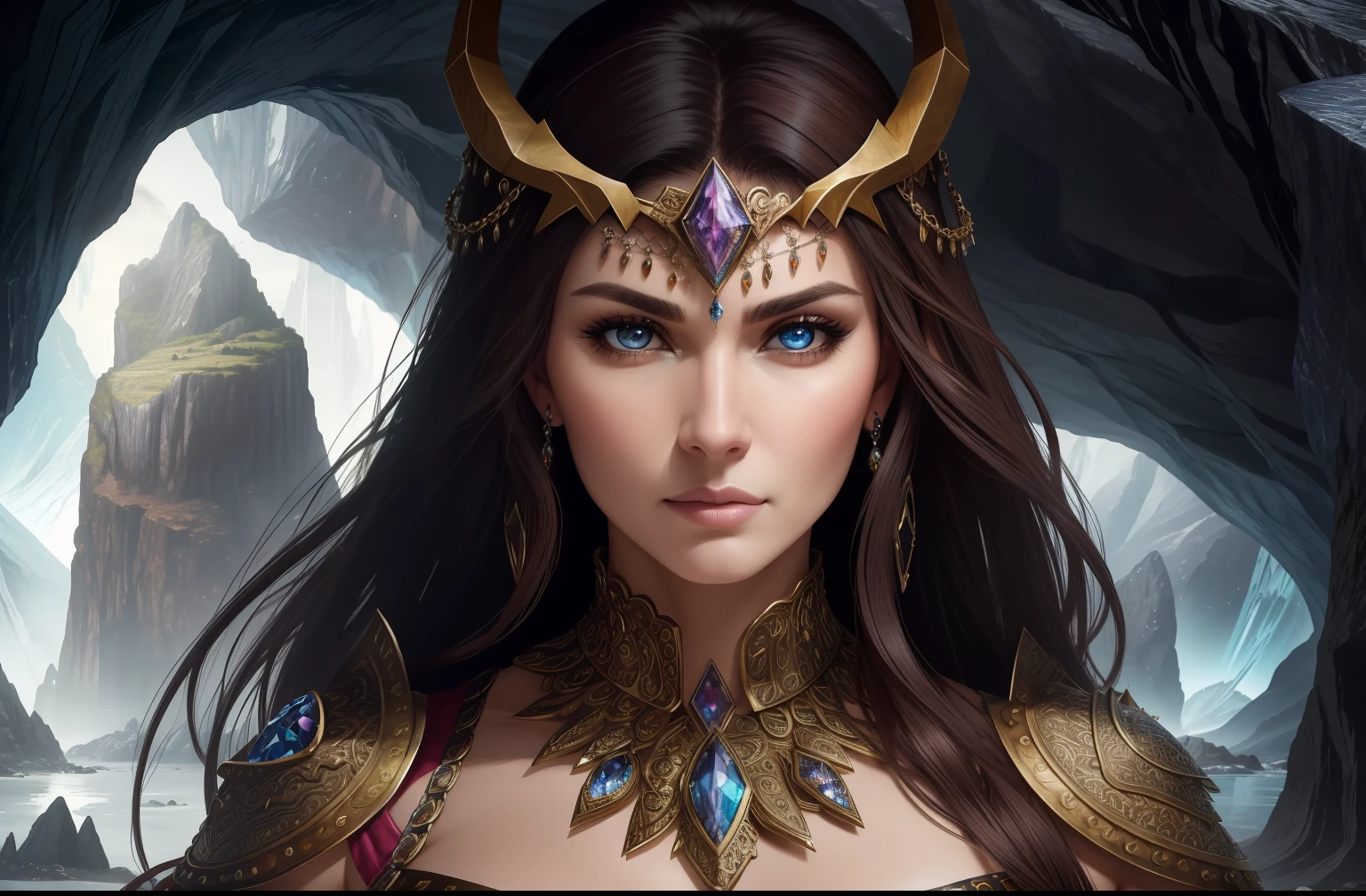 1girl, Mature Woman, Handheld Shot, (Full Body:1.2), (Fit, Abs, Athletic:0.4), (Furled Brow Furrowed Brow Expression Frown Pursed Lips:0.7), ( landscape with Variety, Magical Realism Themes, Crystal Cavern Location1.0) (Masterpiece, Hypermaximalist, Maximalism, Best Quality, 8k, Highres, Absurdres, 4k, High Quality, Ultra High Res, Highest Quality, Ultra Detailed, 8k Uhd, Realistic, Highly Detailed, Ultra-Detailed:1.0), (Cinematic Lighting, Hdr, Raw Photo, Sharp Focus, Photorealistic, Realistic:1.0), (Oval shaped face, Asymmetrical Face Features, Not Perfectly Balanced Proptioned Face Features, Slightly Crooked Nose, Uneven Eyes,:1.2), (Beautiful Face, Detailed Face, Beautiful Eyes, Detailed Eyes, Beautiful Detailed Eyes:1.0), Beast Warrior wearing Metal Medium Chainmail Armor,