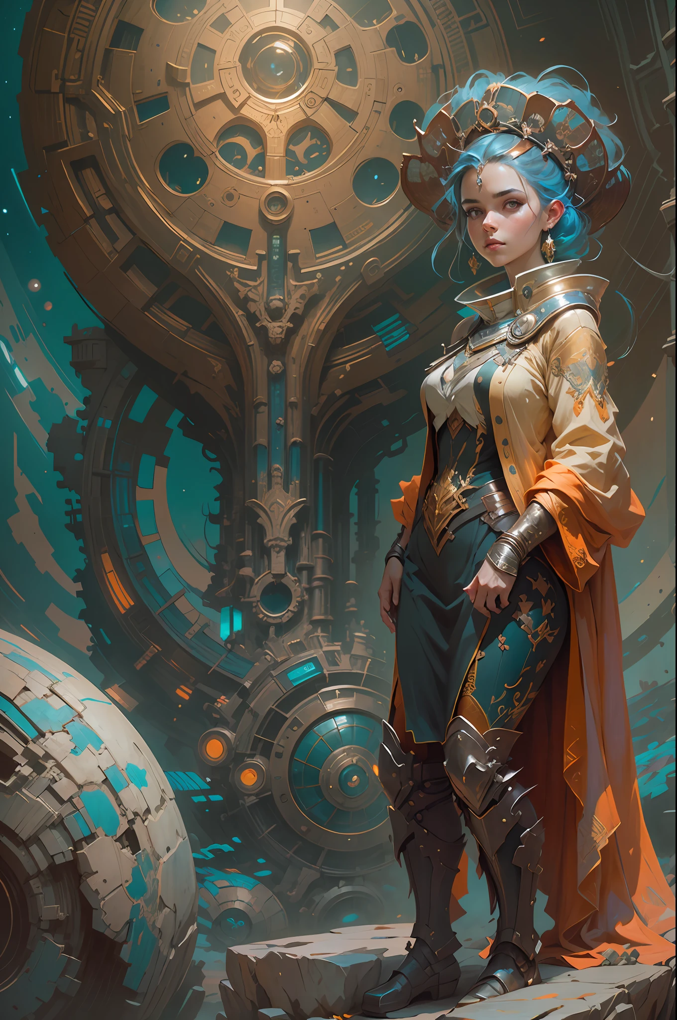 Portrait of a girl standing on a marvelous stone, standing gitl:1.2, (Low contrast ), colorfantasystyle， Oil painting on matte canvas, sharp detailed, the expanse scifi spacescape ceres colony, Intricate, Highly detailed, Digital painting, plethora of colors, smooth, Sharp focus, illustration, Unreal Engine 5, 8K, art by artgerm and greg rutkowski and alphonse mucha , art by midjourney