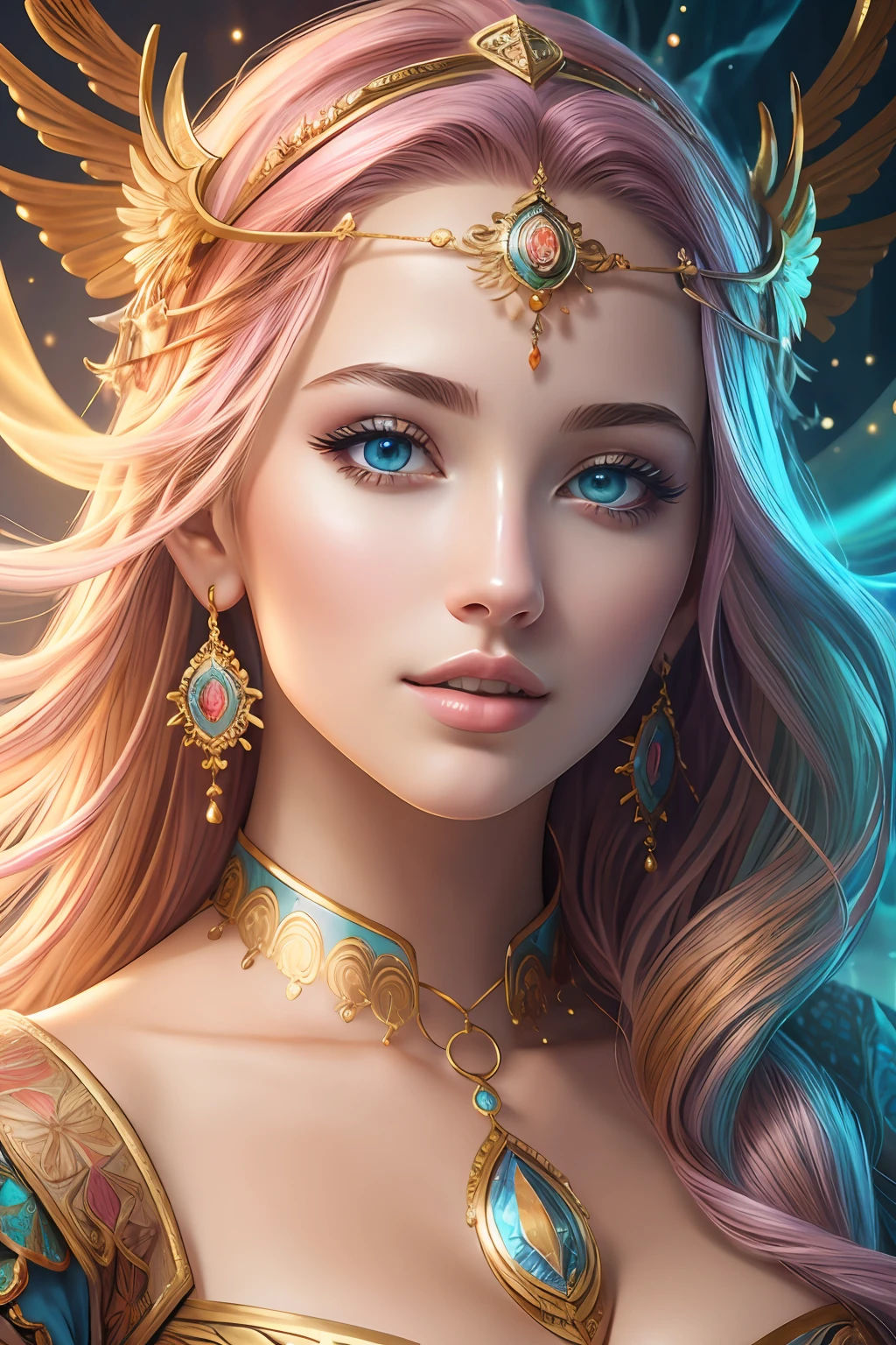 Masterpiece, HDR, Chromatic Aberration, Low Contrast, Best Quality, High Resolution, Realistic, Detail Light, RAW Photo, (Extremely Detailed CG unity:1.2), (Best Shadows), Soft Light, Beautiful Detail Sunlight, Extremely Detailed Wallpaper, Beautiful Woman, Portrait, (medium shot: 1.2), (tilted angle: 1.1), (front-facing angle: 1.2), Symmetry, Vibrant Colors, Complex Patterns, Digital Art, Feminine Energy, Radiant Skin, Glowing Eyes, Intricate Details, (multi-layered: 1.3), (fantasy: 1.2), (abstract: 1.1), (ethereal: 1.2), (mystical: 1.1), (magical: 1.2), (detailed hair: 1.1), (subtle texture: 1.2), (rich colors: 1.2),