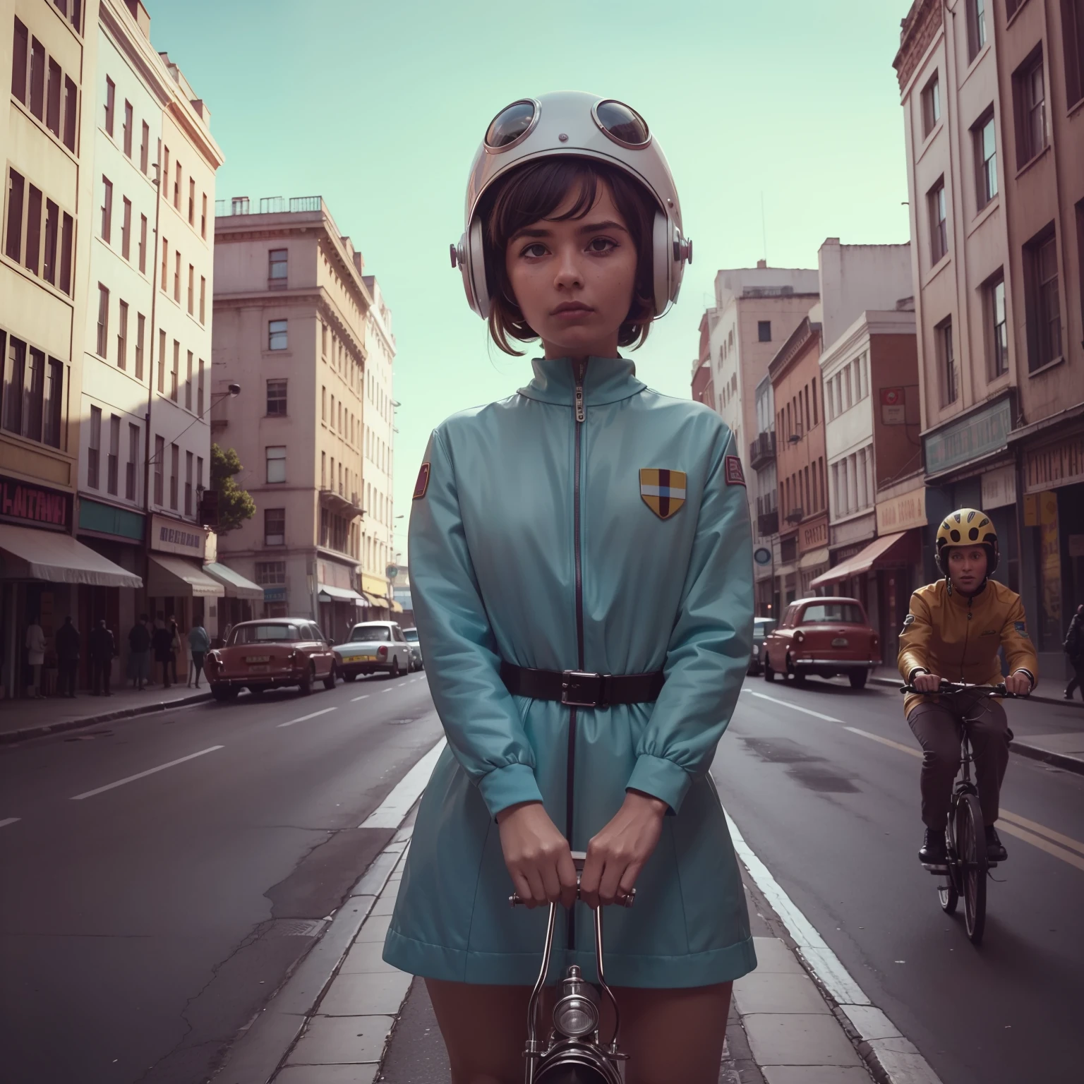 4k image from a 1960s science fiction film by Wes Anderson, Filme Her, pastels colors, Young people in animal helmets holding a mechanical dog on the street, Retro-futuristic fashion clothes from the 60s with alien ornaments, Luz Natural, Psicodelia, futurista estranho, retro-futurista, photo-realistic, Sharp background details.