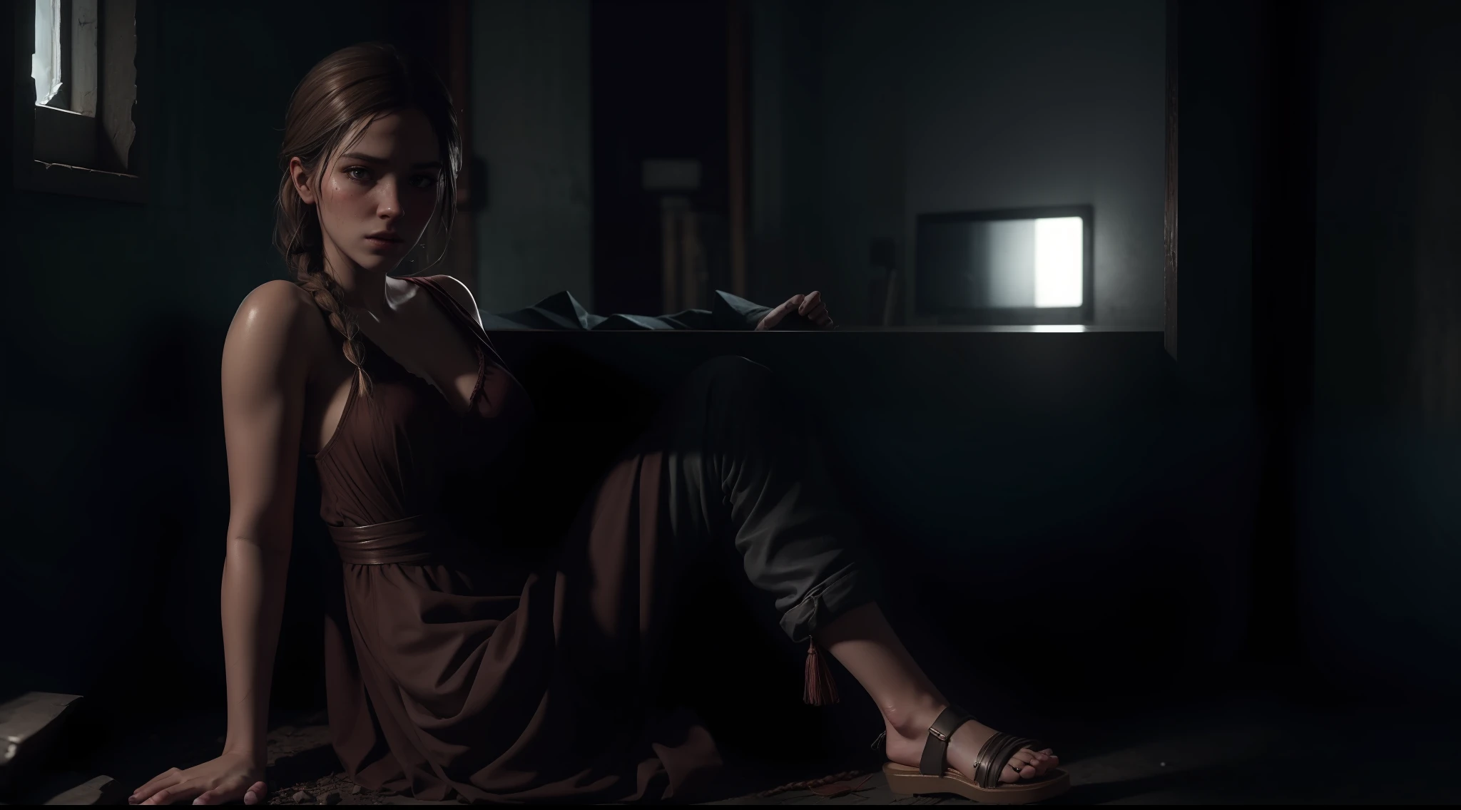 Beautiful young Ellen in tiny game dress The Last of Us part 1, Jogo, Hiper realista, 14 anos, corpo de modelo, seios pequenos, beautiful breasts, cabelo longo, braided hair, pernas longas, 8k, muito sangue, violence, terror