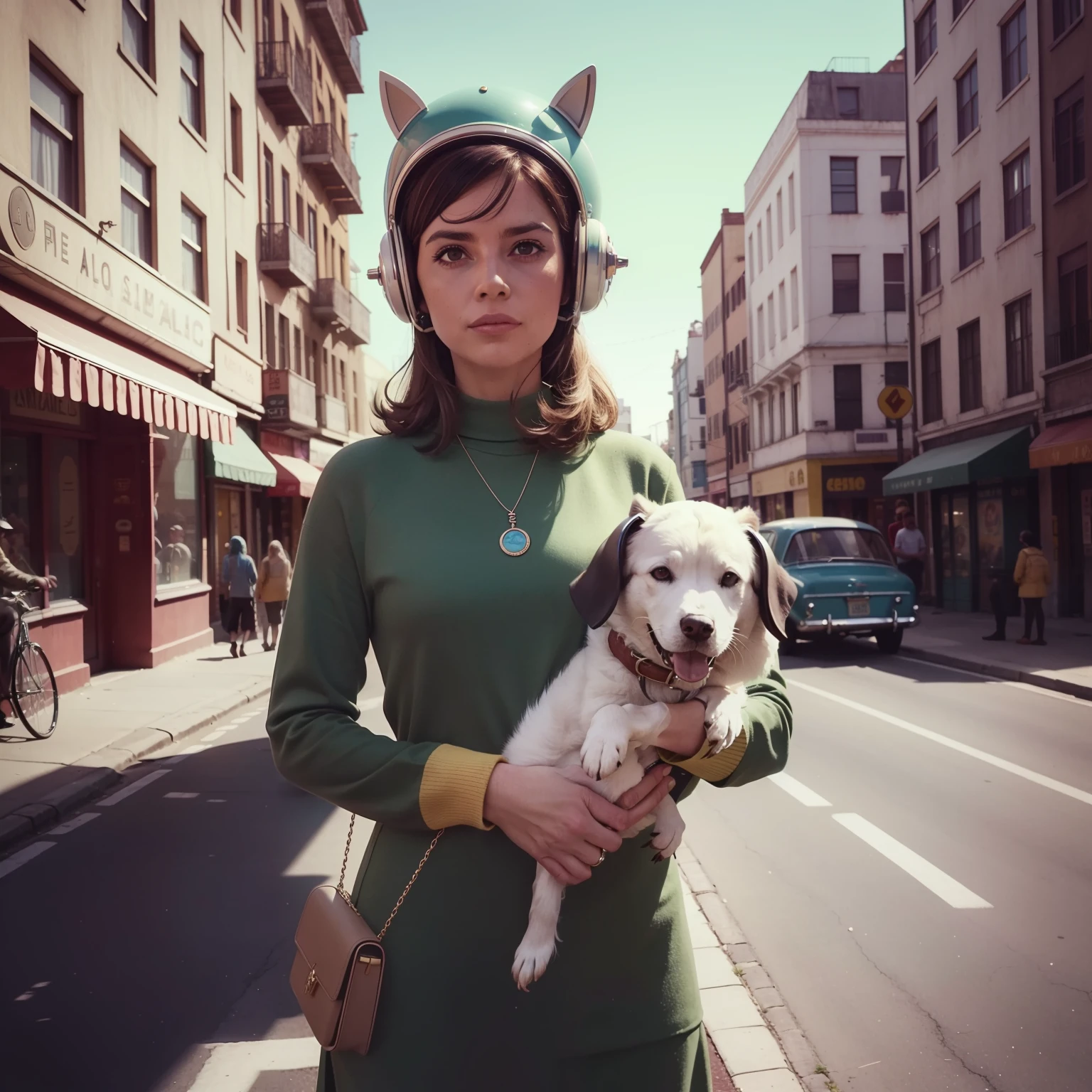 4k image from a 1960s science fiction film by Wes Anderson, Filme Her, pastels colors, Young people in animal helmets holding a mechanical dog on the street, Retro-futuristic fashion clothes from the 60s with alien ornaments, Luz Natural, Psicodelia, futurista estranho, retro-futurista, photo-realistic, Sharp background details.