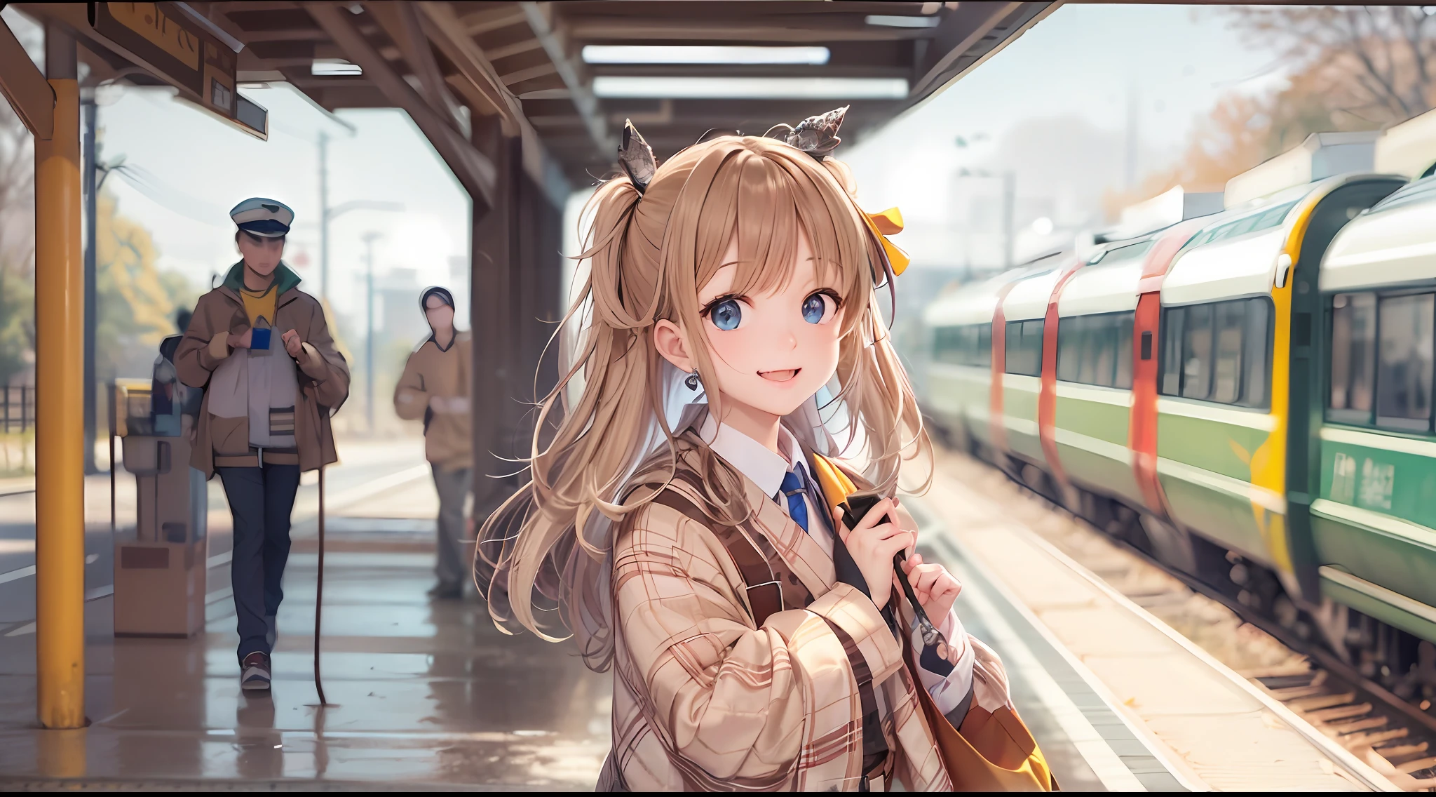 Photo, femele(22) Conductor working at the station platform, Cute, Smile, There are colored contacts in her eyes,校服、 Hose Accessories, Full body, Walking , in autumn