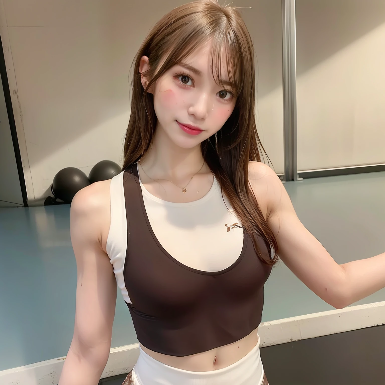 (solo), (a detailed full body RAW photo of a girl), (masterpiece:1.0), (best quality:1.4), (ultra highres:1.2), (photorealistic:1.4), 8k resolution, Canon EOS R5, 50mm, absurdres, ultra detailed, (20yo), sharp focus, cinematic lighting, detailed beautiful face, (makeup:1.2), (ulzzang-6500-v1.1), petite figure, detailed skin texture, pale skin, flat chest, (skinny and fit body:1.3), thigh gap, detailed brown hair,  sweltering,(very messy hair:1.5), (Avril Lavigne:0.7), smiling, (sports bra, sports leggings:1.4), realistic glistening skin, (bedroom:1), (cameltoe:1.3), (sweating:1.45), slim waist, seductive smile,play sport, see through nipples,