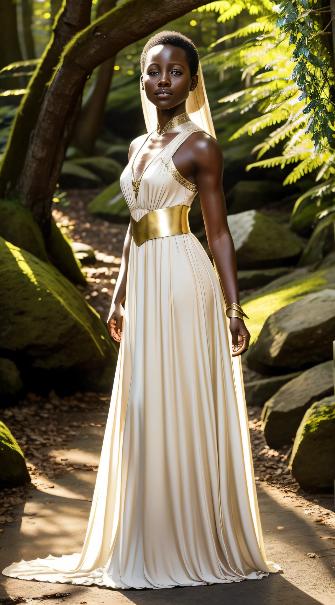 Create a photograph of Lupita Nyongo, in a realistic style, with high resolution. The photo should be well-lit, with soft light and no harsh shadows. The framing will be full-body, highlighting her enchanting presence and personality. The model will be dressed in an enchanting elven attire, featuring a delicate and flowing dress that evokes the grace and beauty of elves. Soft and earthy tones like white, silver, and gold should be incorporated to evoke the magical essence of elven fashion. Careful lighting and image composition should enhance the womans natural beauty, emphasizing the elegance and charm of the elven outfit, while capturing the essence of a mystical and elegant elven maiden in full-body portrait