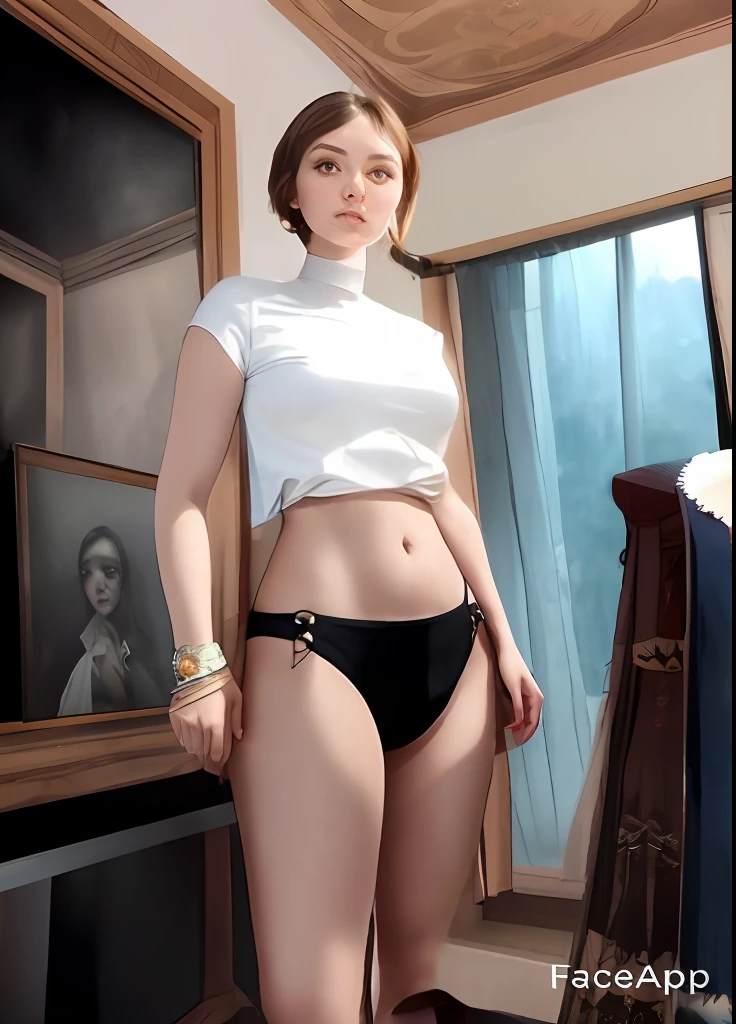 Close up portrait of woman in black bikini and white shirt, Posing in the bedroom, Chic, seductively looking in front, sexy look at the camera, her navel is exposed, angela white, Wearing a sexy cropped top, wide hips, 👁🌹👾, Anna Nikonova aka Newmilky, skinny waist and thick hips, Sexy look