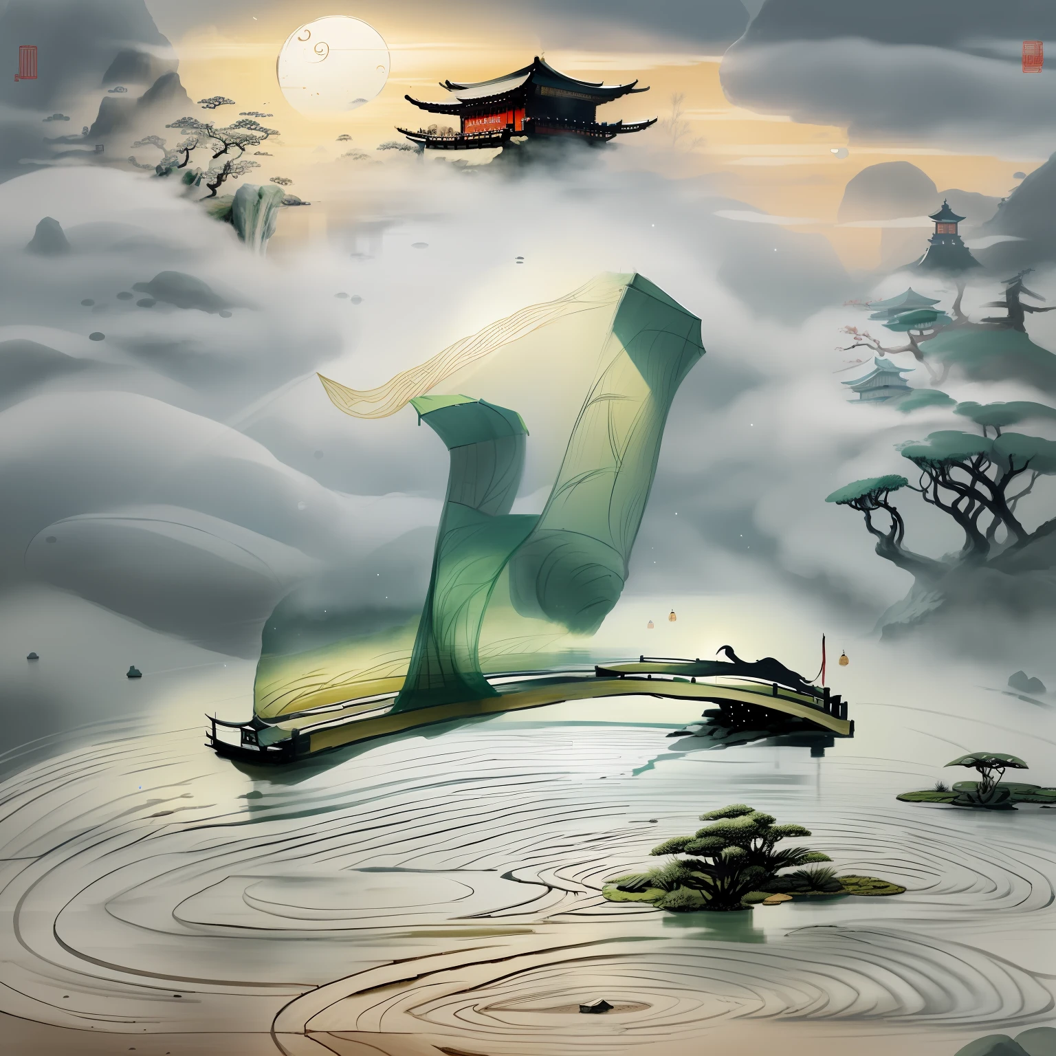 masterpiece,best quality,Chinese martial arts style,an asian night scene with lanterns and water lilies,asian pond with many lanterns and boatsa night scene with many lights and boats in the water, Lake surface, lotus flowers,beautiful night scene,(((Chinese martial arts style))), with vast sky, continuous mountains and steep cliffs, ink wash style, outline light, atmospheric atmosphere, depth of field, mist rising, bamboo, pine trees, octagonal stone pavilion, waterfall flowing water,big full moon,(No color) , Monochrome, light color,