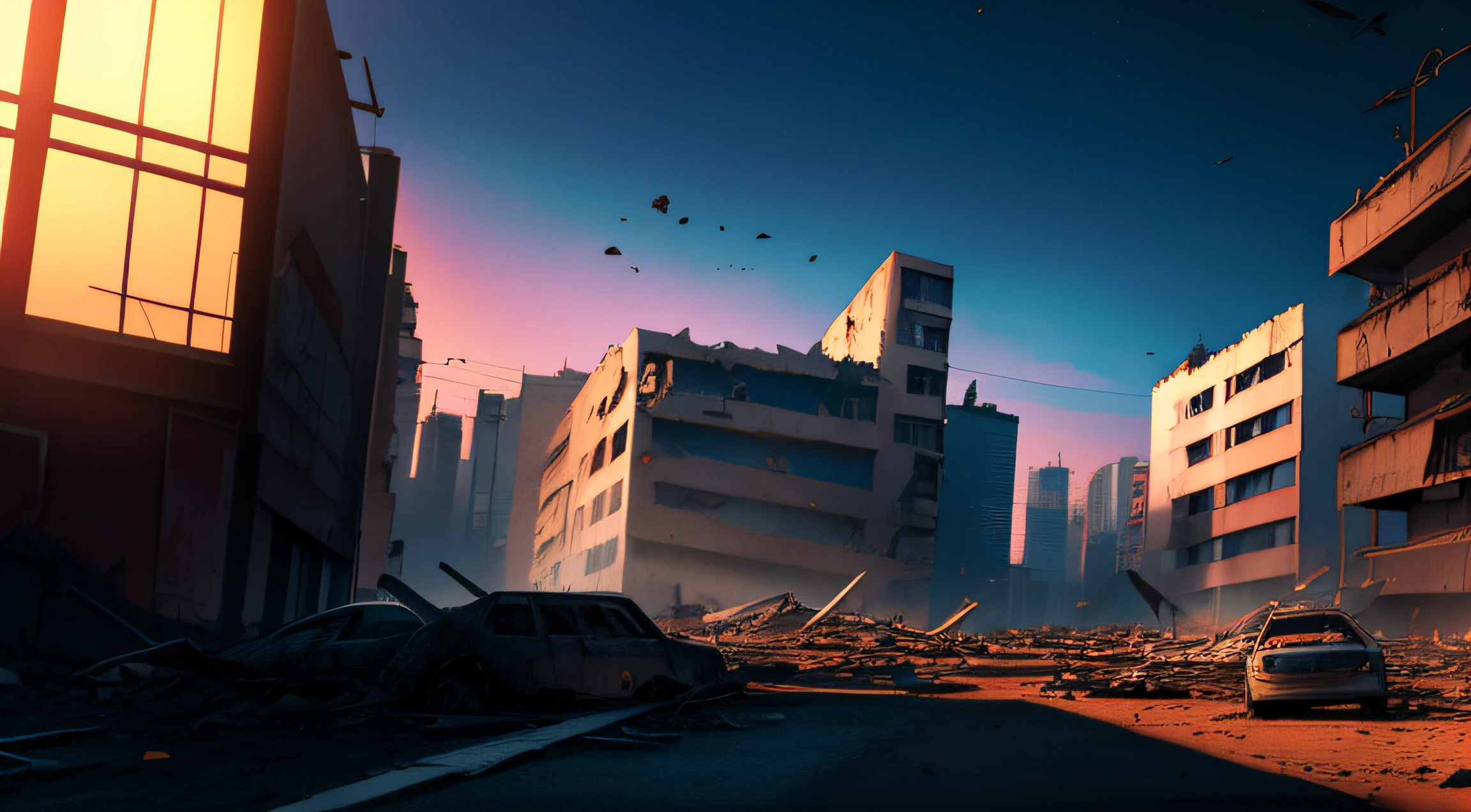 Project Zomboid style scene with destroyed buildings, USA, After Apocalypse, noite calma, roxo e azul, digital illustation, 4k arte digital altamente detalhada, Night scenery, anime art wallpaper 4k, anime art wallpaper 4 k, 4k arte digital detalhada, paisagem sombria noturna, anime art wallpaper 8 k, arte de fundo, bela arte uhd 4 k, 4K HD papel de parede ilustrativo