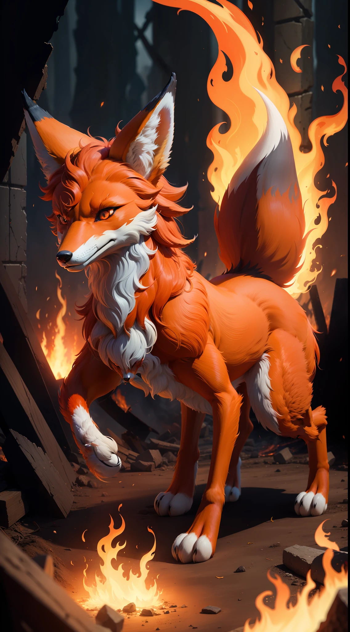 Mythological fire fox, burning animal, Fire Elemental Fox, fox in fire ruins, mythological creature, Fire Fox, red