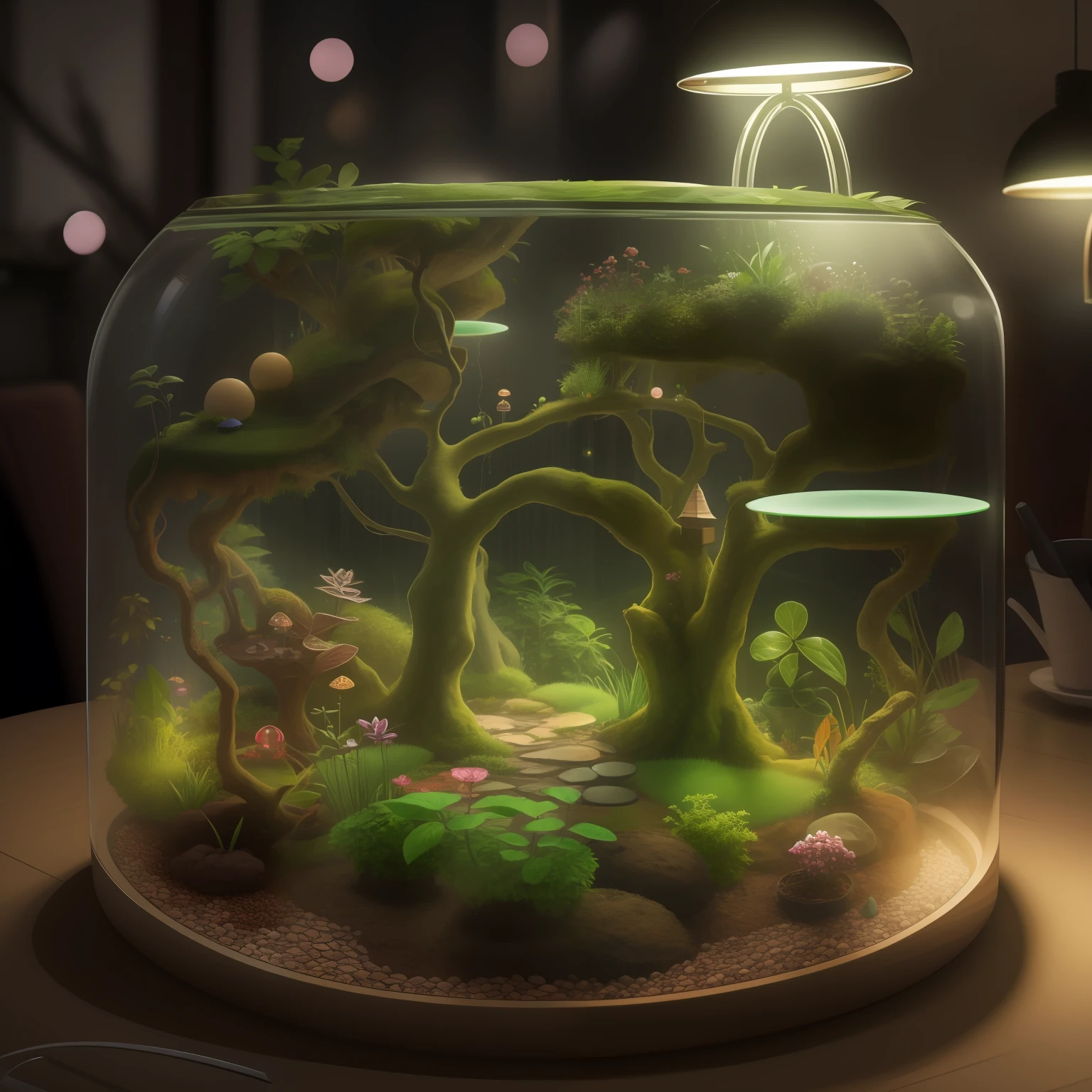 Terarium,on the table,under the light,8k,deatail