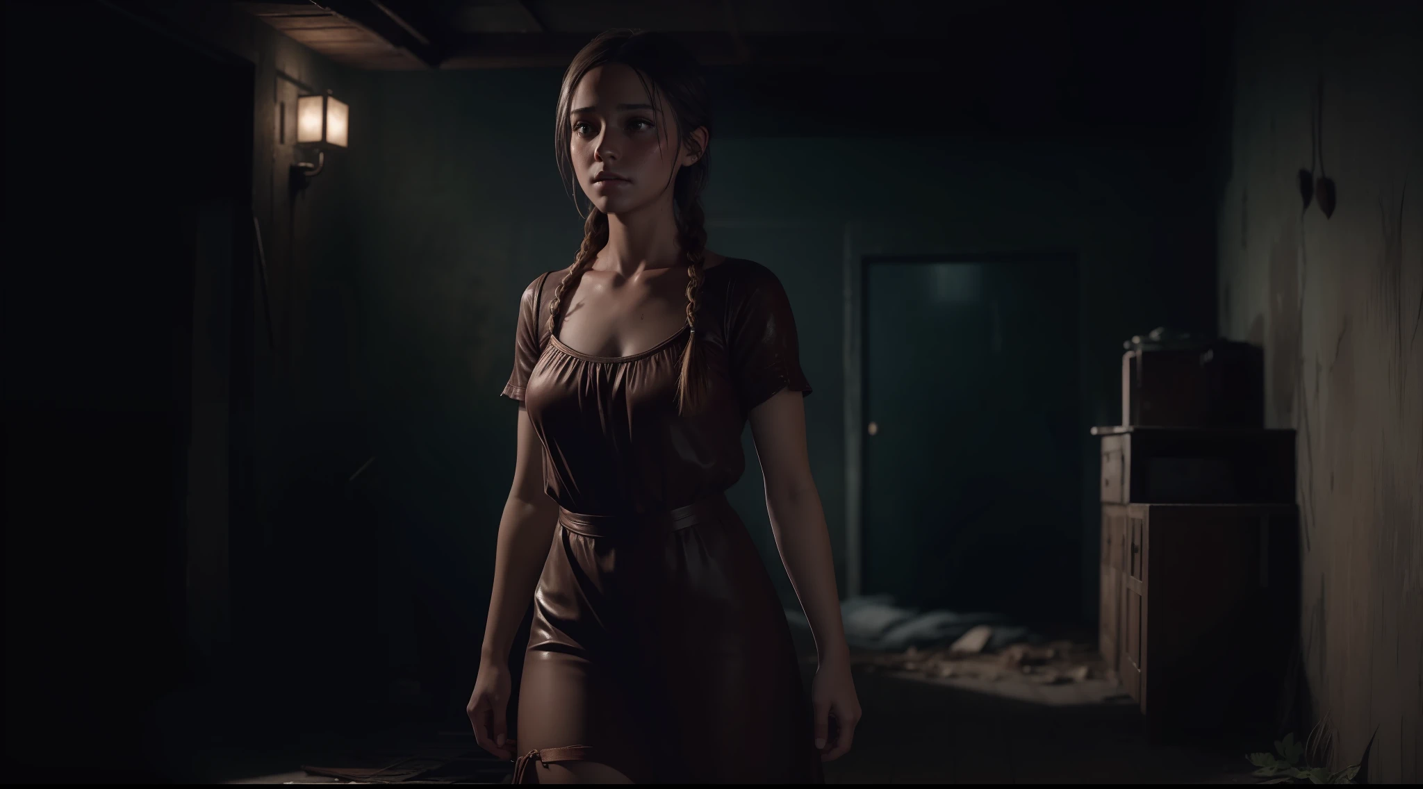 Beautiful young Ellen in tiny game dress The Last of Us part 1, Jogo, Hiper realista, 14 anos, corpo de modelo, seios pequenos, beautiful breasts, cabelo longo, braided hair, pernas longas, 8k, muito sangue, visual violence, estilo Evil dead