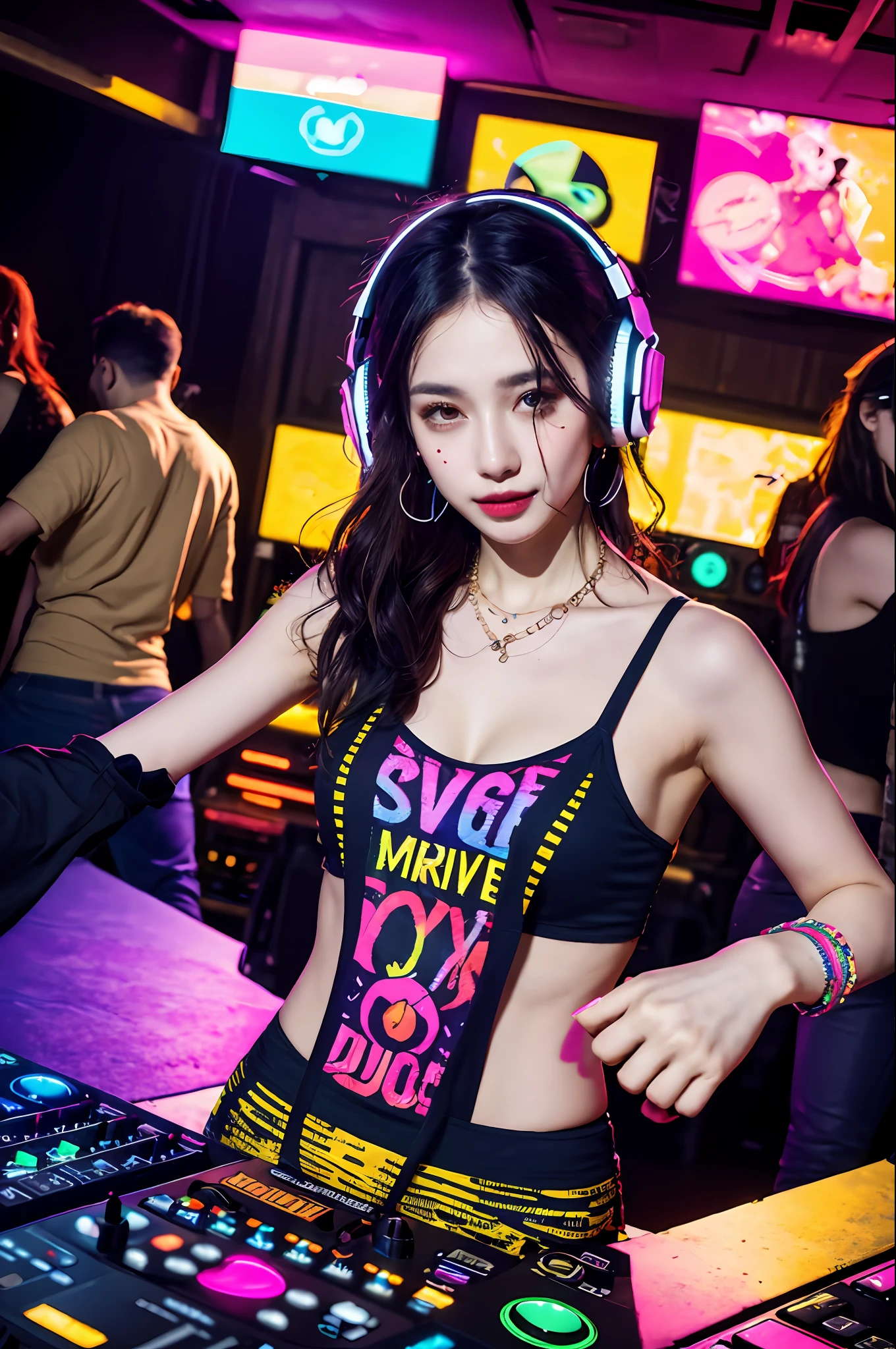 upper body,  female dj, colorful clothes , quirky, vibrant appearance,  playful accessories, creative behavior, imaginative, sensual, spontaneous, dj headphones, mixing console, music club, night club, indie theaters, people dancing on the dance floor background,  underground danceclub,  highest quality, skin texture, intricate details, (cinematic lighting), RAW photo, 8k