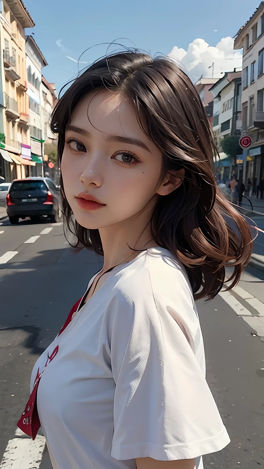 Linda mulher , mexendo no celular no meio da rua , roupas curtas, hyper real, surreal, incredible