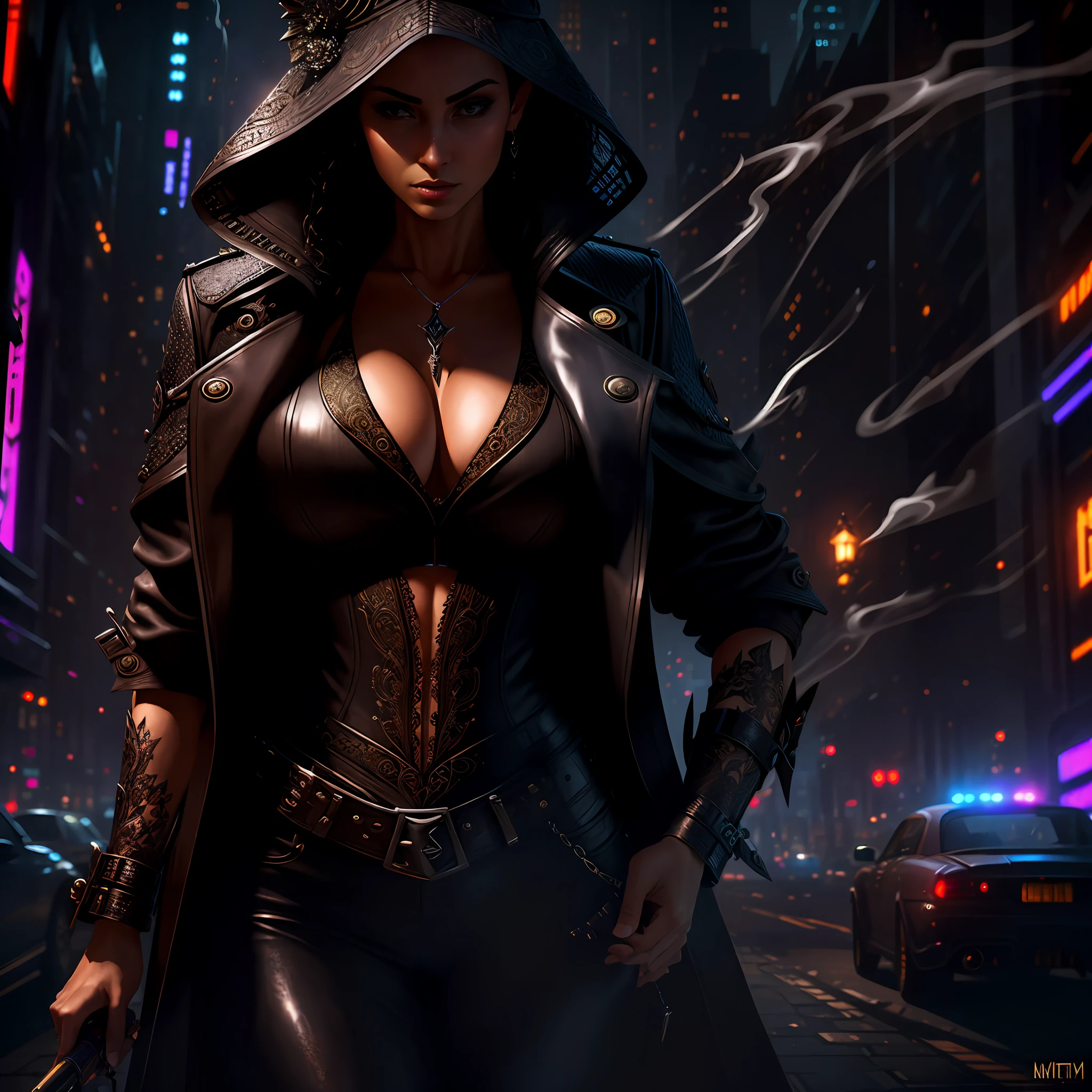 Masterpiece, (Ultra detailed),  Gangster theme, Mature woman，succubi, Enchanted, Trench coat, Dim lights, Smoke, black shadows, Corrupt cityscape, Highest quality, Single focus, (skimming: 1.1),  full bodyesbian, Intricate (High detail: 1.1) illusory engine，cyber punk perssonage