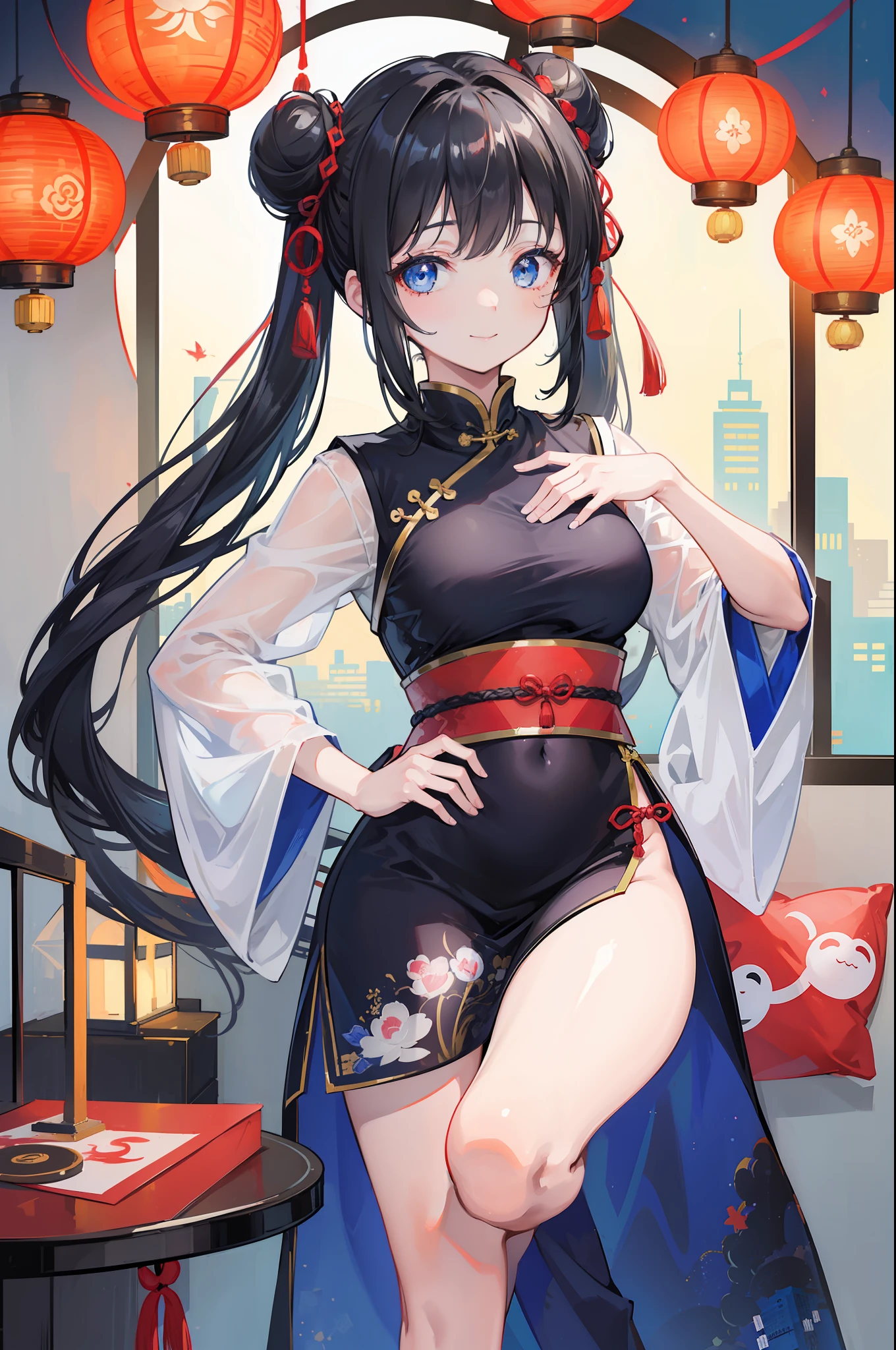 1 girl in、Twintails with black hair、Buns on the head、Blue eyes、qipao dress、Grinning smile、Tray on hand、Chinese-style cityscape、paper lanterns、From head to thigh、Looking at the camera、put hands on the hip、((Masterpiece Highest Quality:1.2))