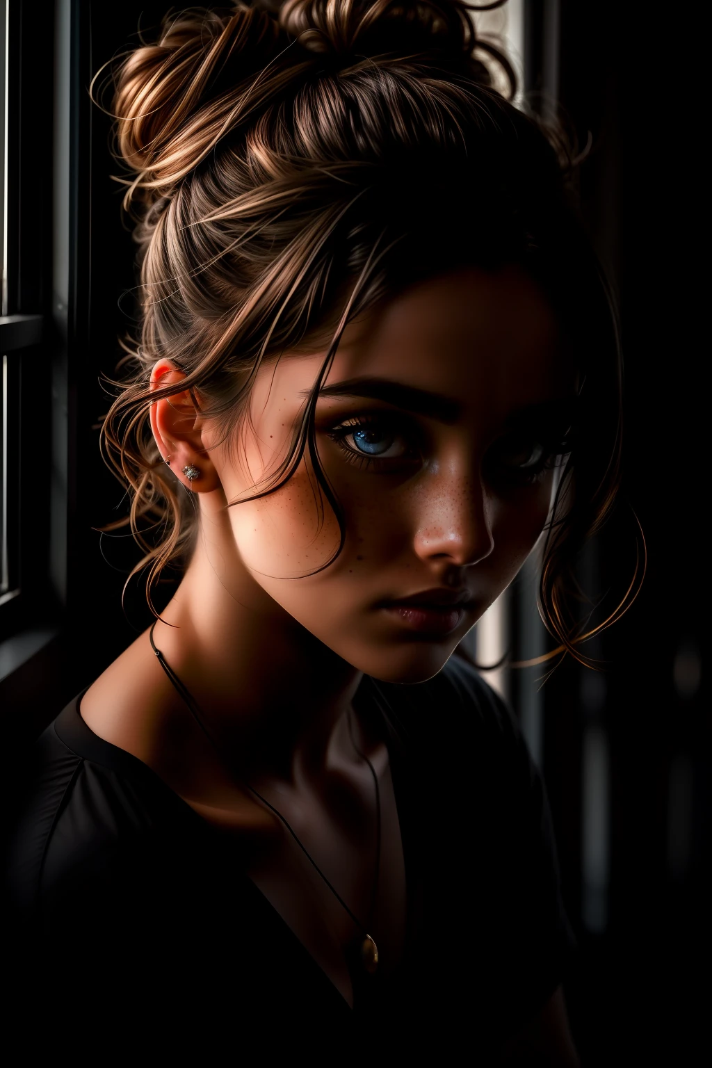 (sharp focus:1.2), an award winning photo of a beautiful exhausted tan skin woman with beautiful eyes and freckles, messy bun, messy dark hair, sitting next to a window, dark lighting, (deep shadows:1.1), high contrast, beautiful eyes, absurdres, 8k, (high quality:1.3), tired, sleepy, poverty, sadness, depression, artstation hd, concept art, detailed face and body, award-winning photography, (moody lighting:1.2), depth of field, bokeh, 4K, HDR