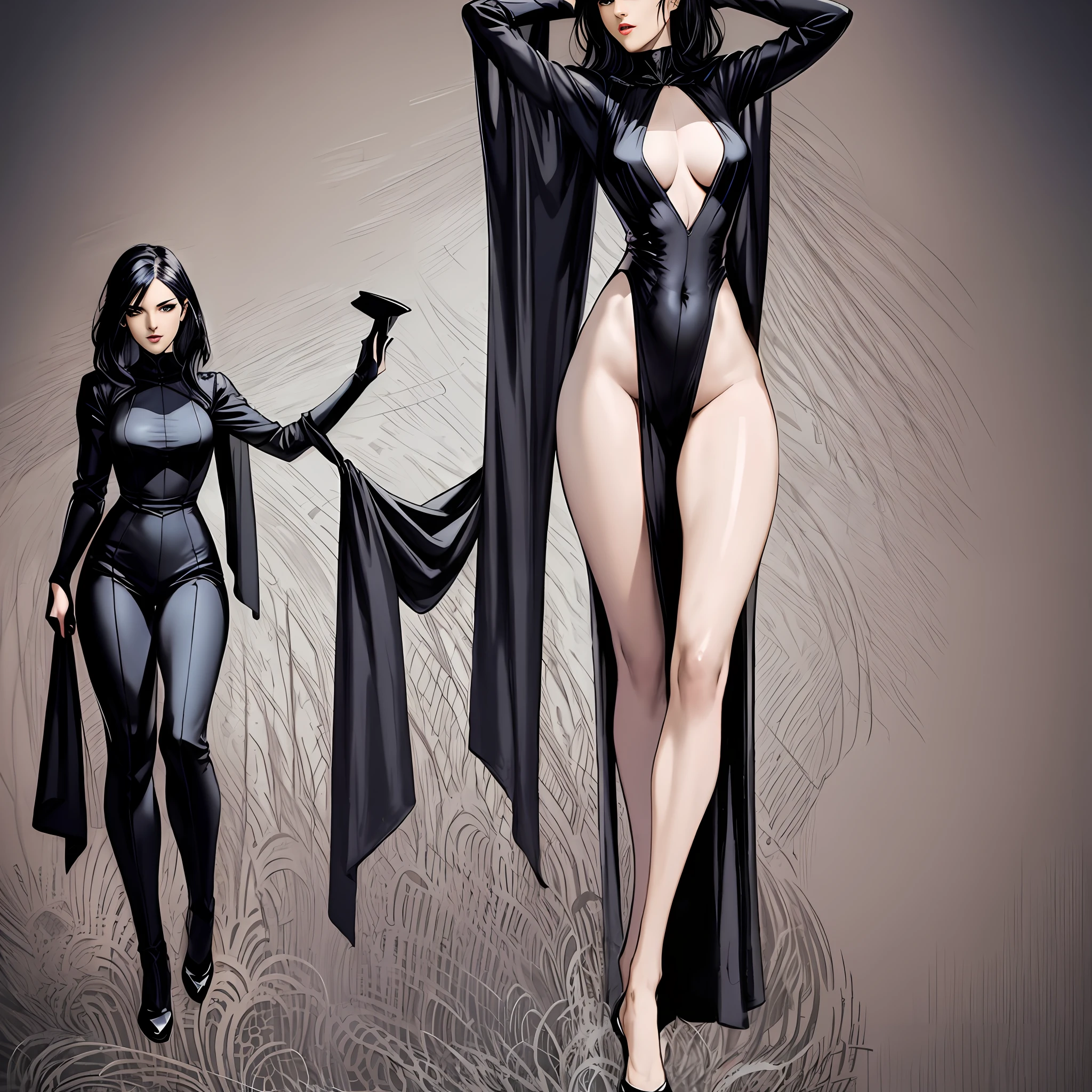 Illustration art, full body movement, sexy woman in black outfit, underworld woman, very cool facial expression, gorgeous background, great erotic art, line art, sexy art, detailed body part details, long legs, inspired by J.C. Leyendecker, epic European and American illustrations