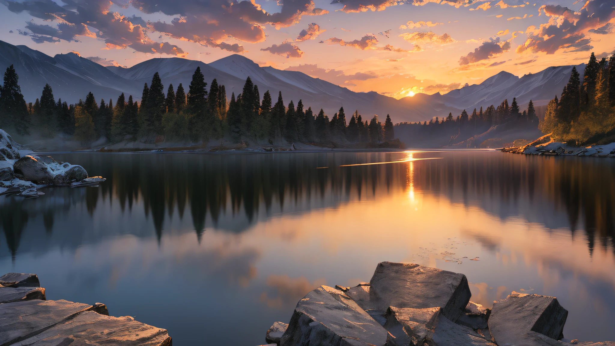 (masterpiece, best quality:1.2), ultra detailed, cinematic lighting, HDR, illustration,  sunrise, lake, impressive, chill, inspirational
