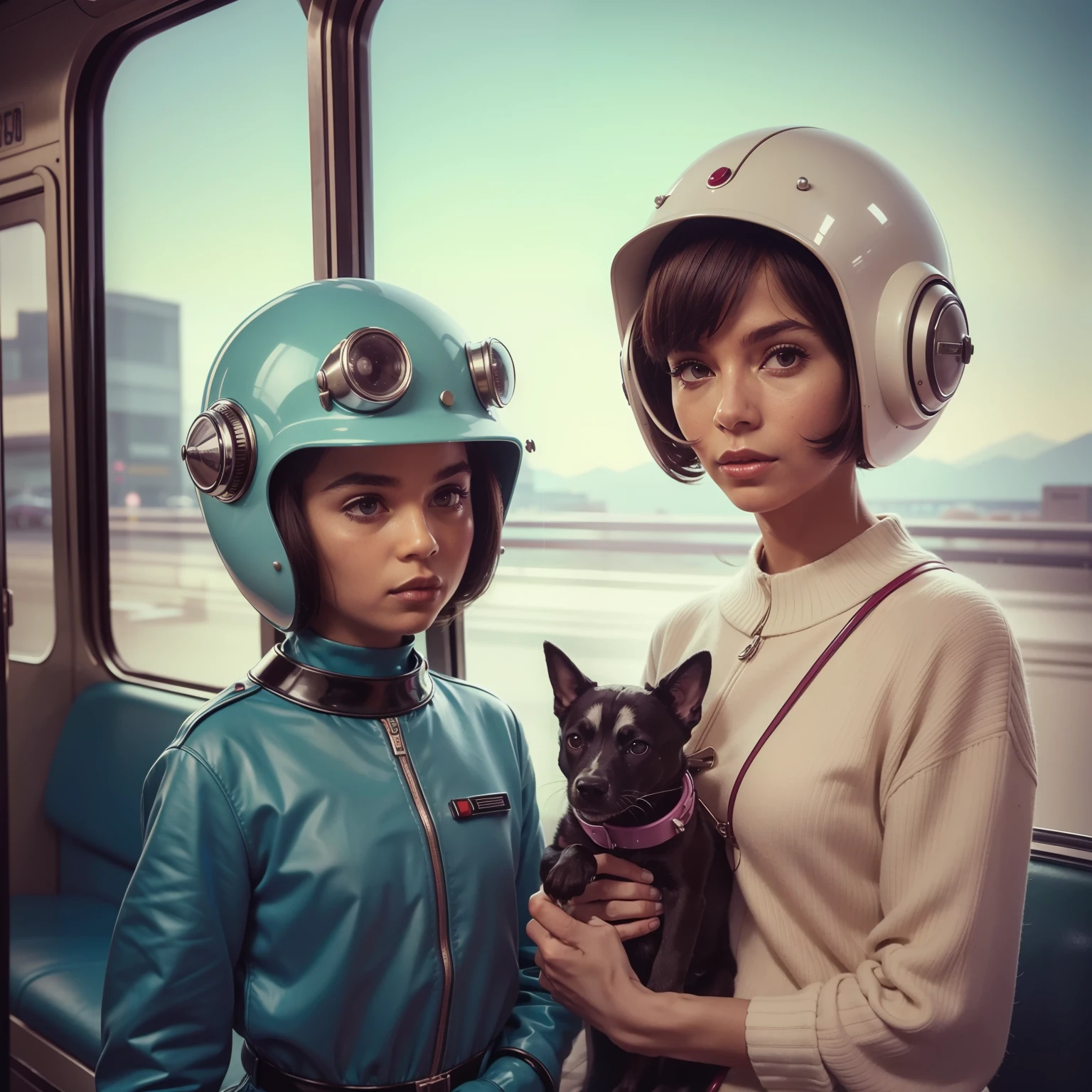 4k image from a 1960s science fiction film by Spike Jonze , Filmes Her, pastels colors, Young people in animal helmets holding a mechanical dog at the Bus Station, Retro-futuristic fashion clothes from the 60s with alien ornaments, Luz Natural, Psicodelia, futurista estranho, retro-futurista, photo-realistic, Sharp background details.