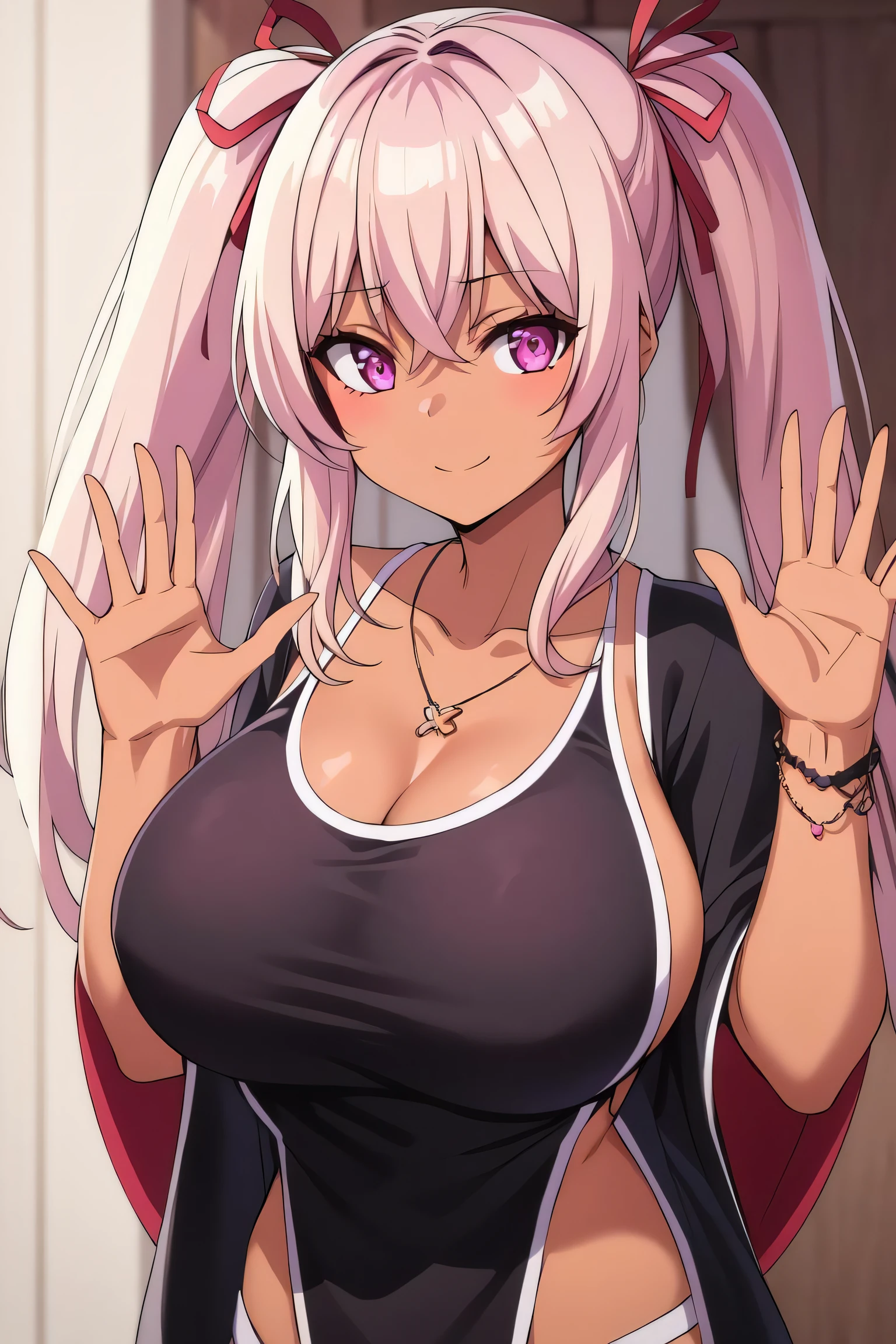 dakini
((best quality)), ((masterpiece)), (detailed) 1girl
1girl, ;\), blurry, blurry_background, breasts, cleavage, collarbone, dark-skinned_female, dark_skin, gyaru, hair_ribbon, jewelry, looking_at_viewer, necklace, ok_sign, one_eye_closed, open_hand, pink_eyes, pink_hair, ribbon, smile, solo, tan, twintails, upper_body, waving