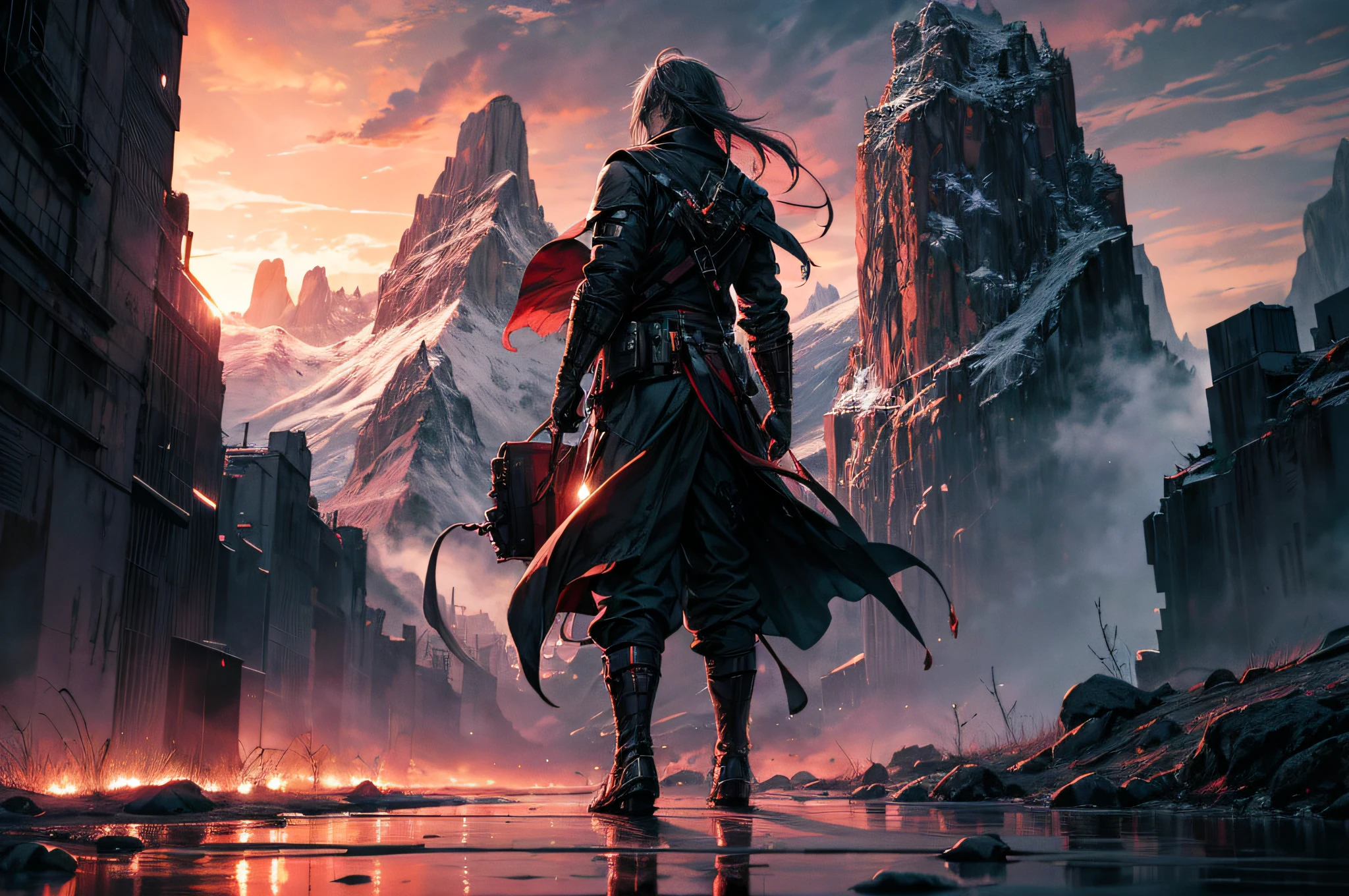 official art, unity 8k wallpaper, ultra detailed, beautiful and aesthetic, masterpiece, best quality, atmospheric, A dramatic sunset over a mountain range, Monochromatic, Radial, dappled,