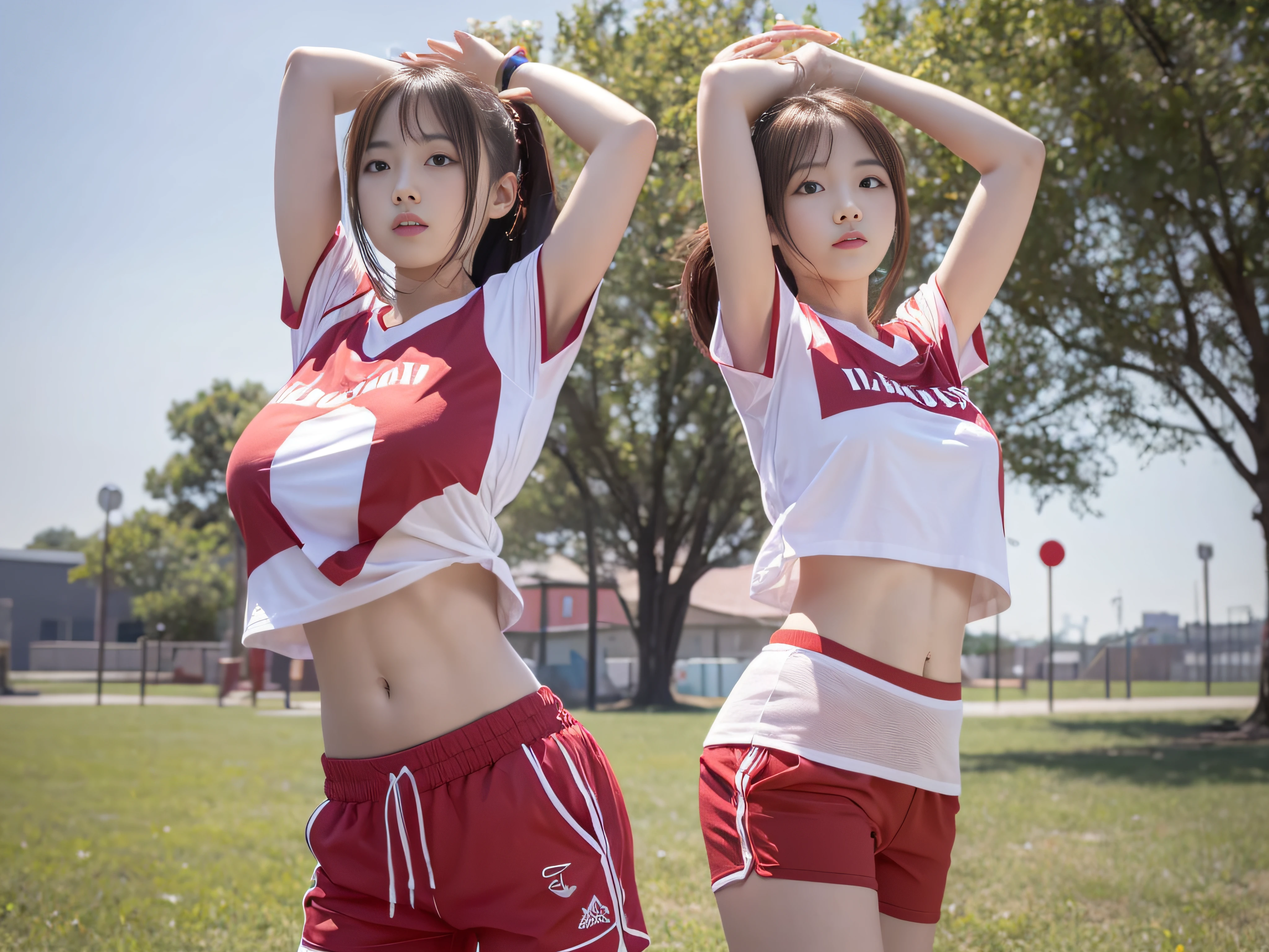 Beautiful woman doing stretching exercises on grassy school playground、white t-shirts、Red shorts、Twin-tailed、Colossal tits