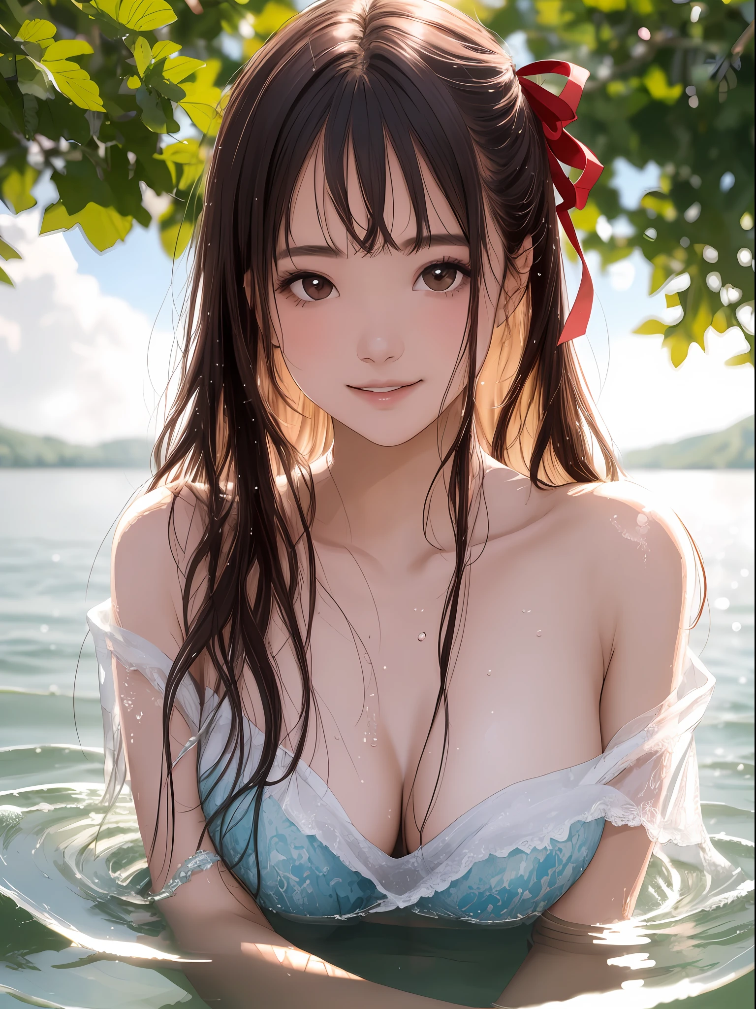 half-body front portrait,1 girl,Solo,Beautiful detailed face,Clear skin,Erotic, Sensual,in summer,Topless,Brown eyes,Beautiful detailed eyes,Black hair, Long hair,sweeping bangs,large breasts,in the water,Hairline,(hair over breasts:1.4), Soaked hair, Soaked body ,(Red hair ribbon), Long eyelashes, Light smile, Light blush,stylish posing,wading,seductive,(Huge lake),beautiful detailed water,Moisture,mist,outside,Cloud,Fantasy world,surrealism, Ray tracing,The upper part of the body, Close-up,Vivid colors,color full, Award-Awarded,stereograms, 4K, Super detail, Textured skin, Anatomically correct ,Award-Awarded,Masterpiece,Best quality