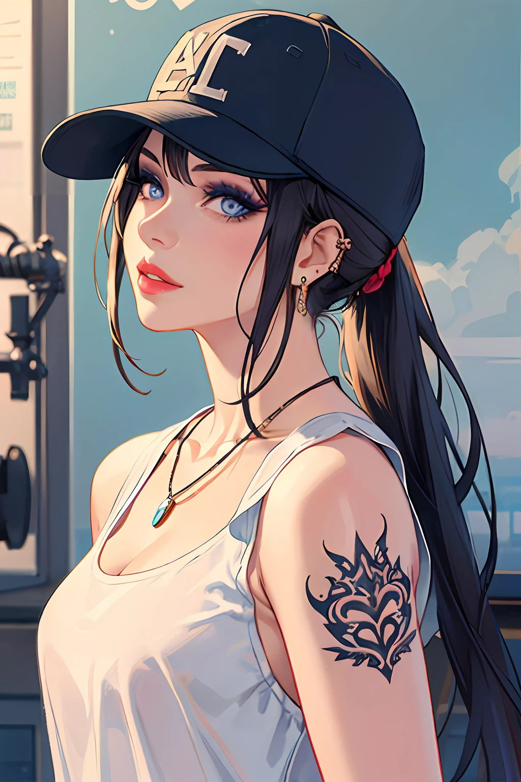 1girl, solo, jewelry, hat, realistic, piercing, earrings, black hair, necklace, baseball cap, blue eyes, ear piercing, ponytail, tattoo, makeup, traditional media, lips