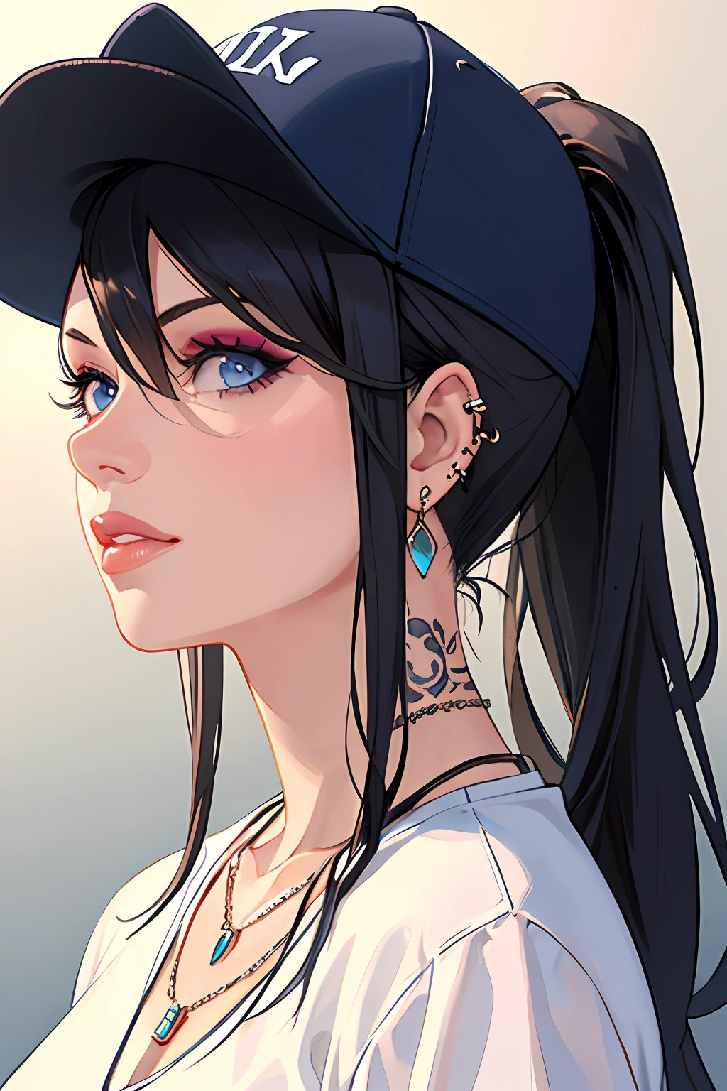 1girl, solo, jewelry, hat, realistic, piercing, earrings, black hair, necklace, baseball cap, blue eyes, ear piercing, ponytail, tattoo, makeup, traditional media, lips