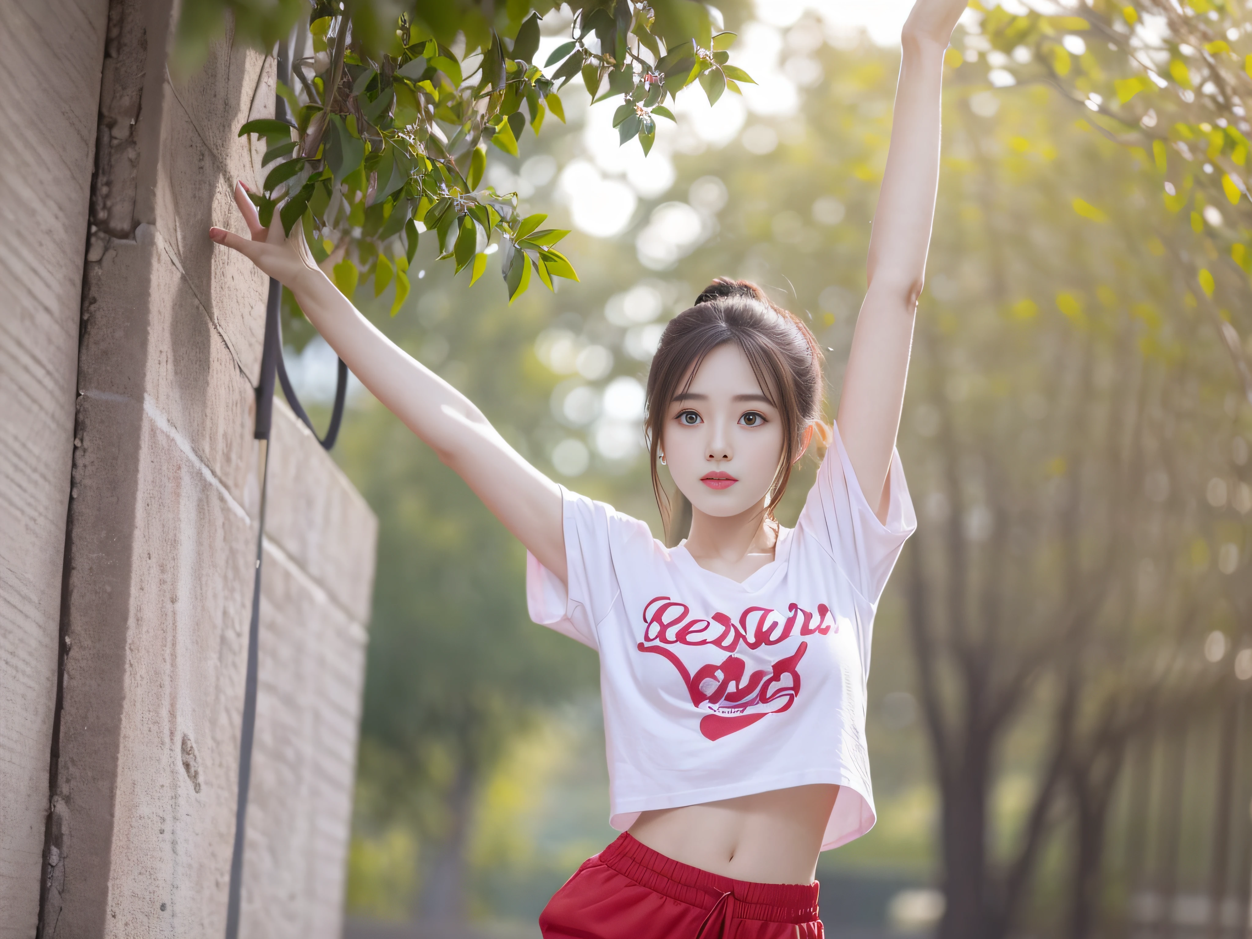Beautiful woman doing stretching exercises in vast meadow、white t-shirts、Red shorts、Twin-tailed、