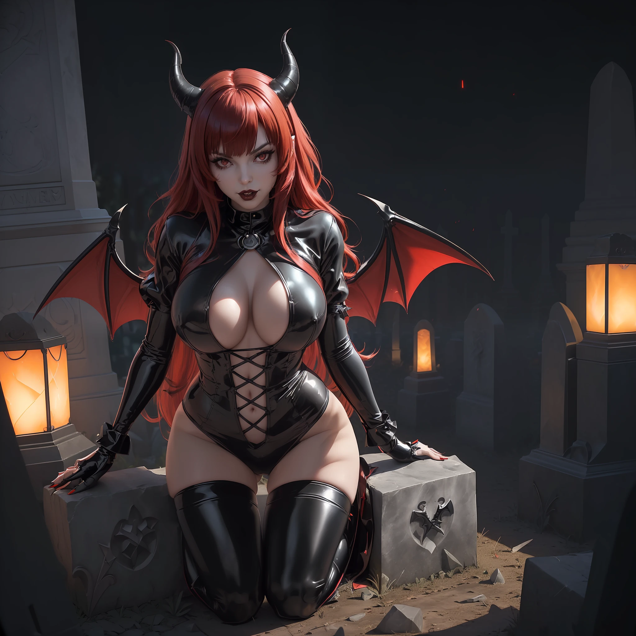 {((1vampire woman with black horns))}, {((wearing erotic clothing made of black latex with red parts, extremely tight and tight on the body)), ((she has large bat wings on her back)), (((absurdly large and firm breasts)), ((looking at the viewer, messy red hair with bangs)), she is (((posing sensually pose, [leaning against a gate of railings with arrowheads|leaning against a tombstone|sitting on a high tombstone]))),  ((in a cemetery, it's daytime, strong sunlight, light fixtures stuck in stones from faded tombstones)), (((full body))), 16k, UHD, ((Better quality, better resolution, better detail))