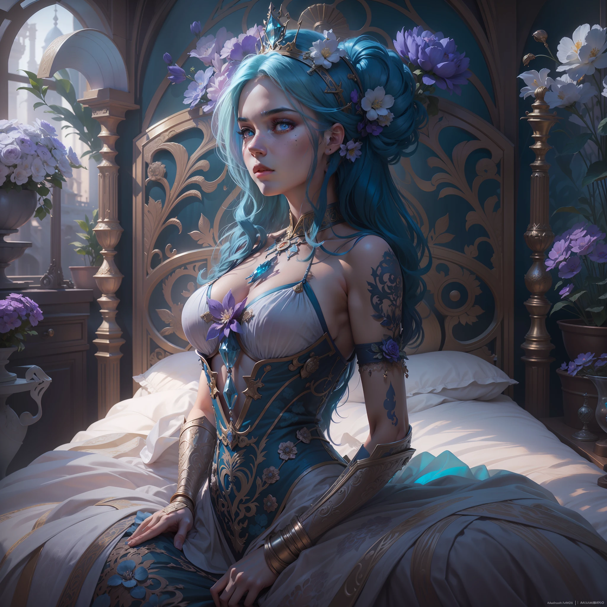 (full body), woman in medieval clothing with her back turned in the bedroom, blue hair, purple eyes, moles on her body, beautiful, little fusion pojatti, realistic, steampunk, fractal isometrics details, bioluminescence: a stunning realistic photograph Russian character beautiful, awesome, with big white flowers tiara of wet bone structure,4k, unreal engine, intricate, highly detailed, beautiful lighting, light fog, 8k, trending on Artstation, professional, dramatic, illustration, art by Artgerm and Greg Rutkowski and Alphonse Mucha, award-winning portrait, f/22, symmetrical.