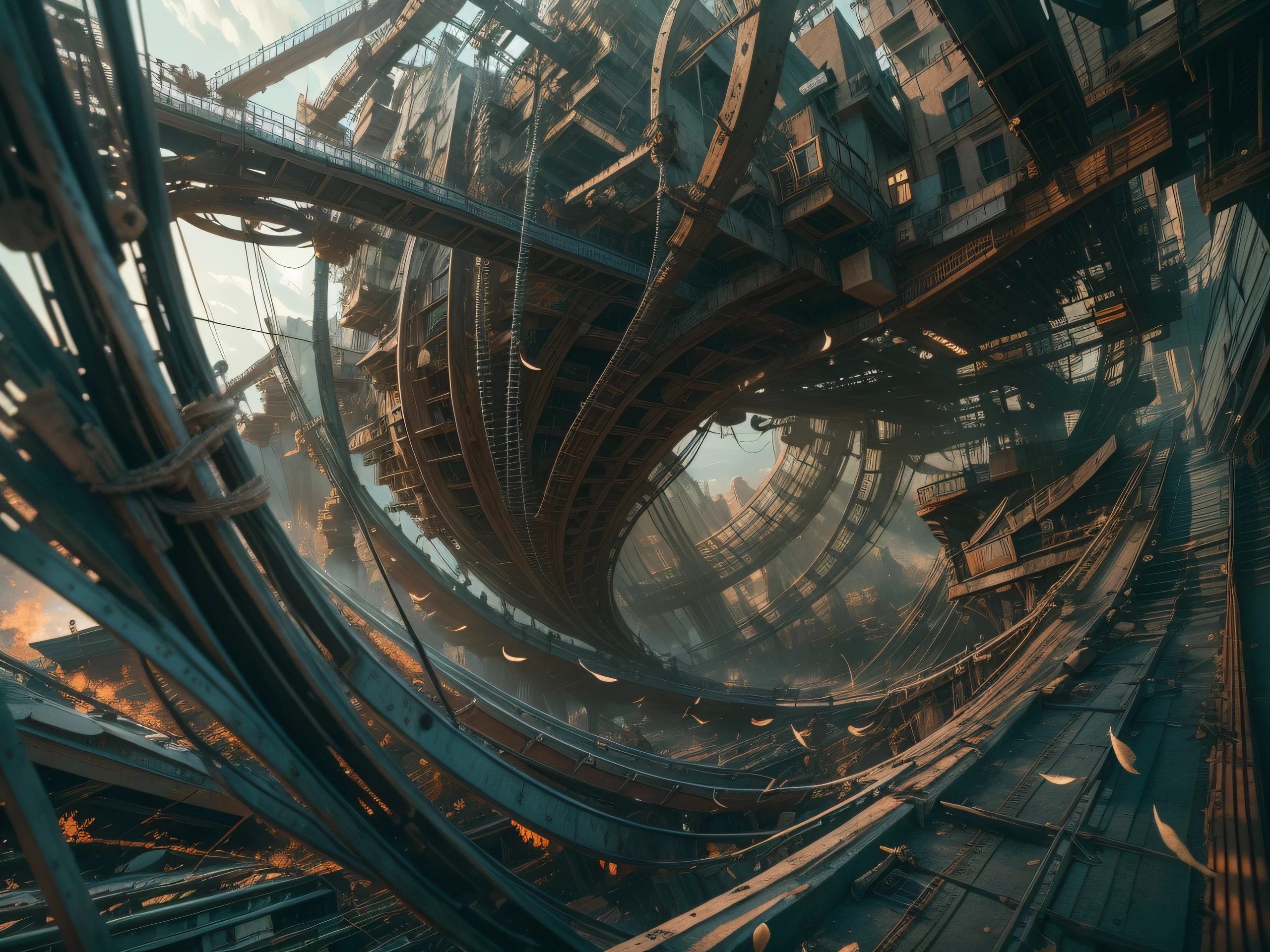 a heavily distorted, fading late morning clear sky, a singular object comprised of contorted feathers/machinery/pipes/rusted components is floating in the air, steel strings weave into each other, see through tubes surround objects at random, extra detail, 4kHD details, best resolution, surrealistic composition, extreme camera angle, motion blur, depth of field, foreshortening, tilted camera angle, cinematic lighting, movie scene