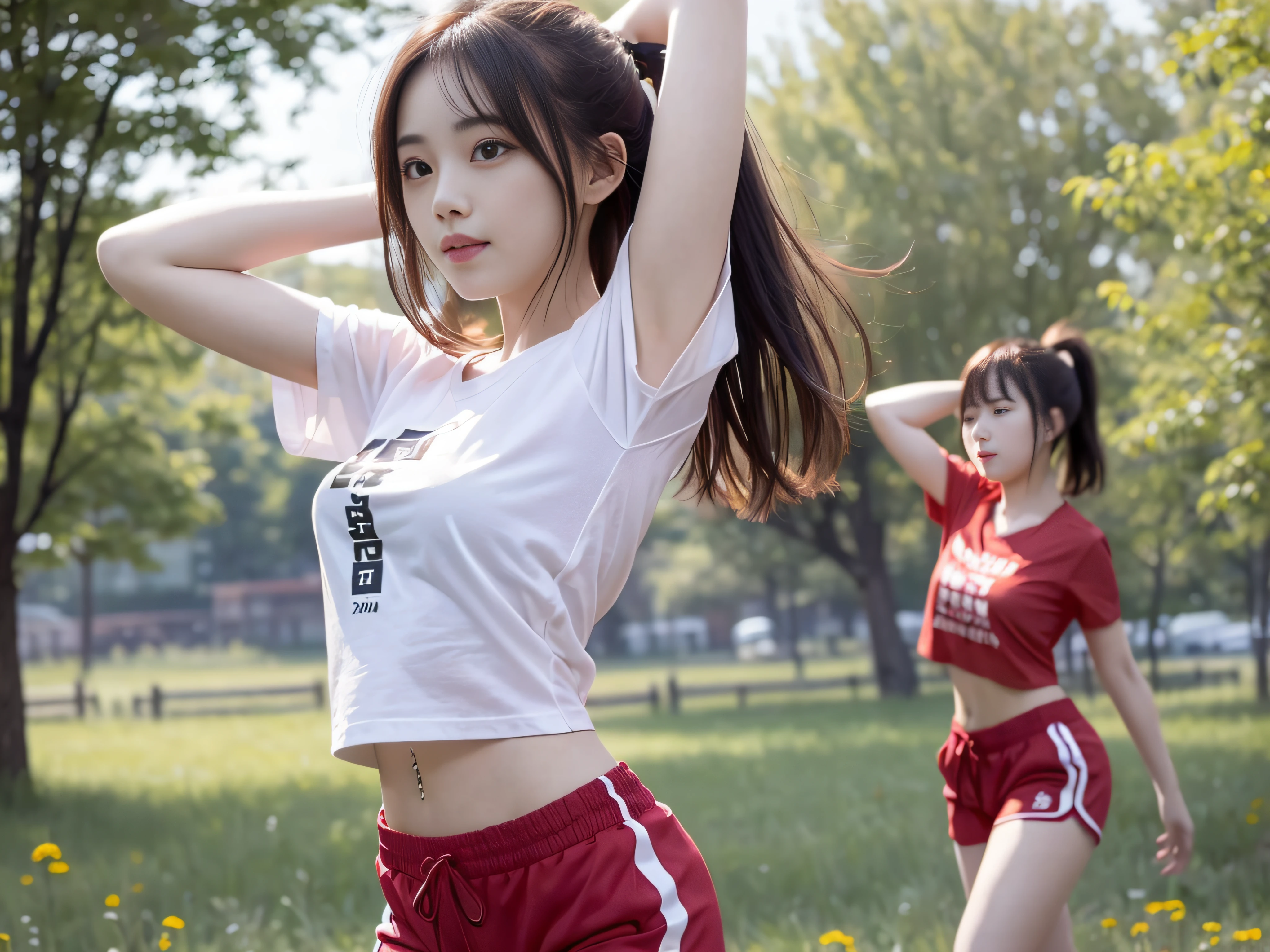 Beautiful woman doing stretching exercises in vast meadow、white t-shirts、Red shorts、Twin-tailed、