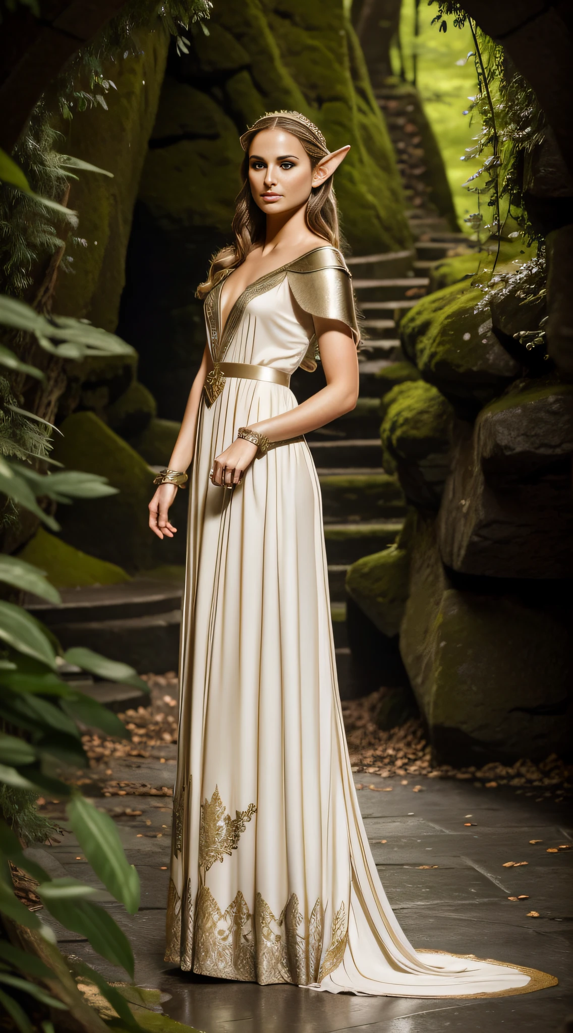 Create a photograph of Natalie Portman, in a realistic style, with high resolution. The photo should be well-lit, with soft light and no harsh shadows. The framing will be full-body, highlighting her enchanting presence and personality. The model will be dressed in an enchanting elven attire, featuring a delicate and flowing dress that evokes the grace and beauty of elves. Soft and earthy tones like white, silver, and gold should be incorporated to evoke the magical essence of elven fashion. Careful lighting and image composition should enhance the womans natural beauty, emphasizing the elegance and charm of the elven outfit, while capturing the essence of a mystical and elegant elven maiden in full-body portrait