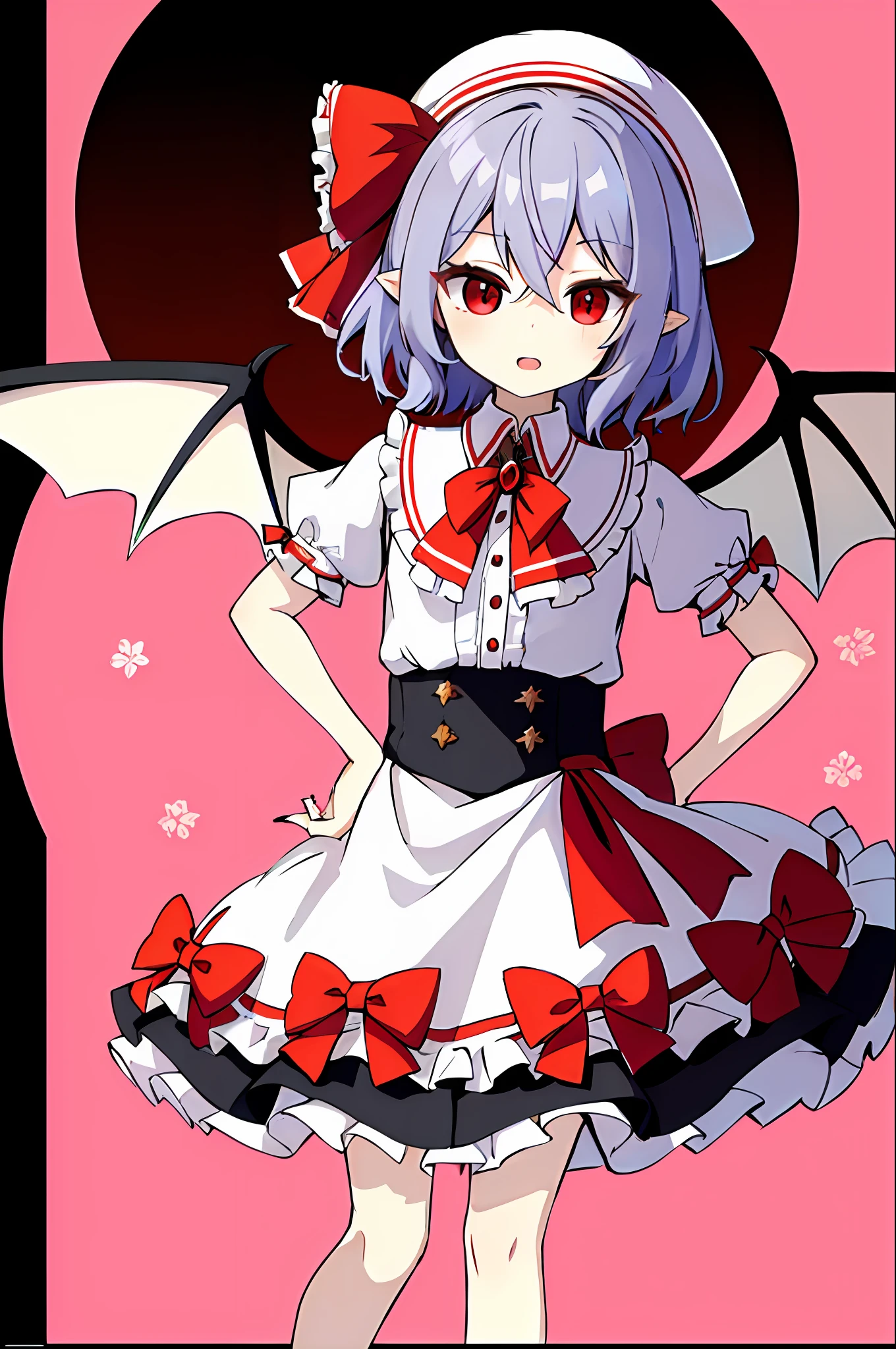 + (Remilia Scarlet: 1.4), (Masterpiece), (best quality), soft light, warm color, ((Super detail)), (illustration), (extremely delicate and beautiful), dynamic Angle, float, (beautiful detail eyes), (Detail Light), 1 girl
Hat, Solo, gems, frilly, ribbon, clean legs, 12 year old girl, cute little leather shoes, bow, bangs, shirt, skirt, big red bow on back, nails, standing, red eyes, short sleeves, open mouth, puffy sleeves, silver hair, pointed ears, puffy short sleeves, looking at the audience, (White frilly nightcap :1.3), short hair, Light pink dress, red nails, red tie, floral background, romantic background, ++(little devil wings on hips)++