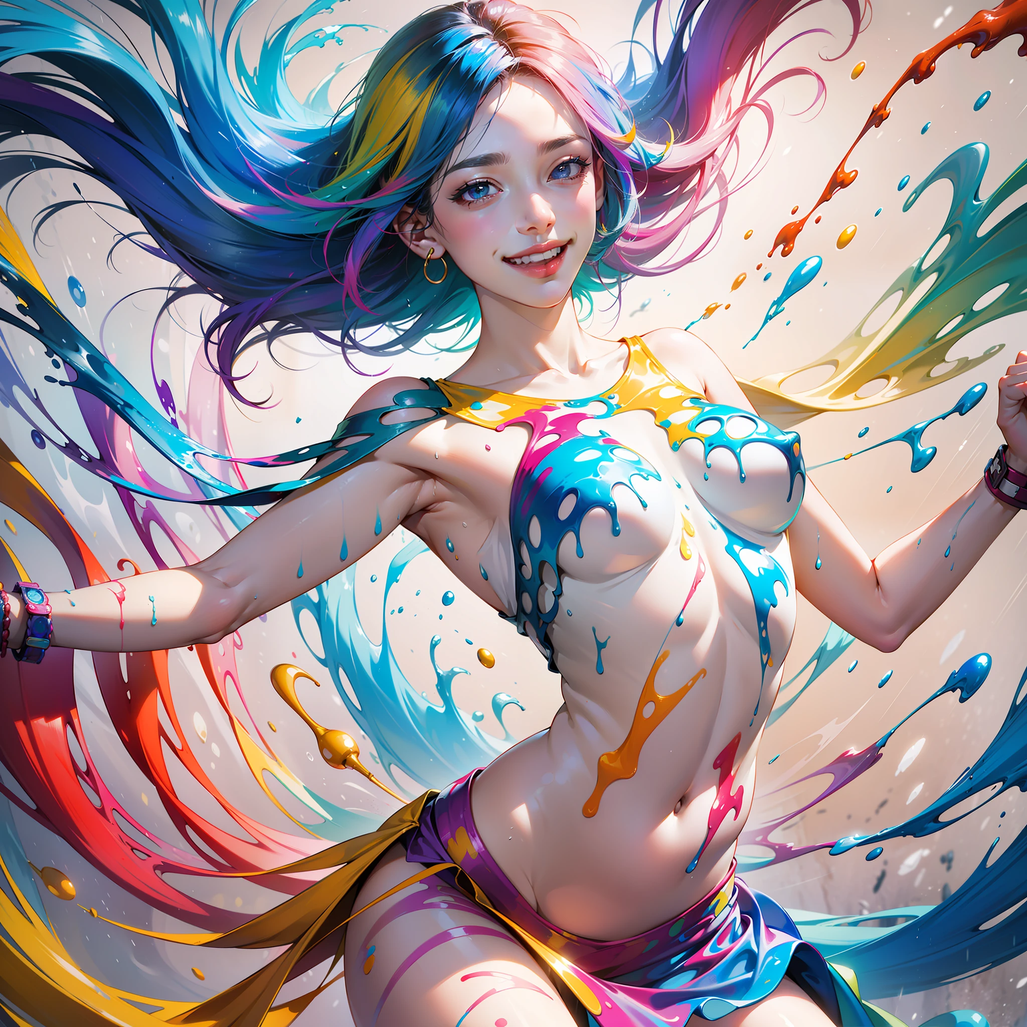 a woman joyfully twirling in the raining paint, paint raining, thick paint rainbow hair, body covered with paint, joyful, ((sfw)), calm facial expression, relaxed, gentle smile, (clothes made of liquid paint)), front view, ((small breasts, relaxed face, relaxed shoulders)), ((dynamic pose)), liquid details, correct anatomy, both arms visible