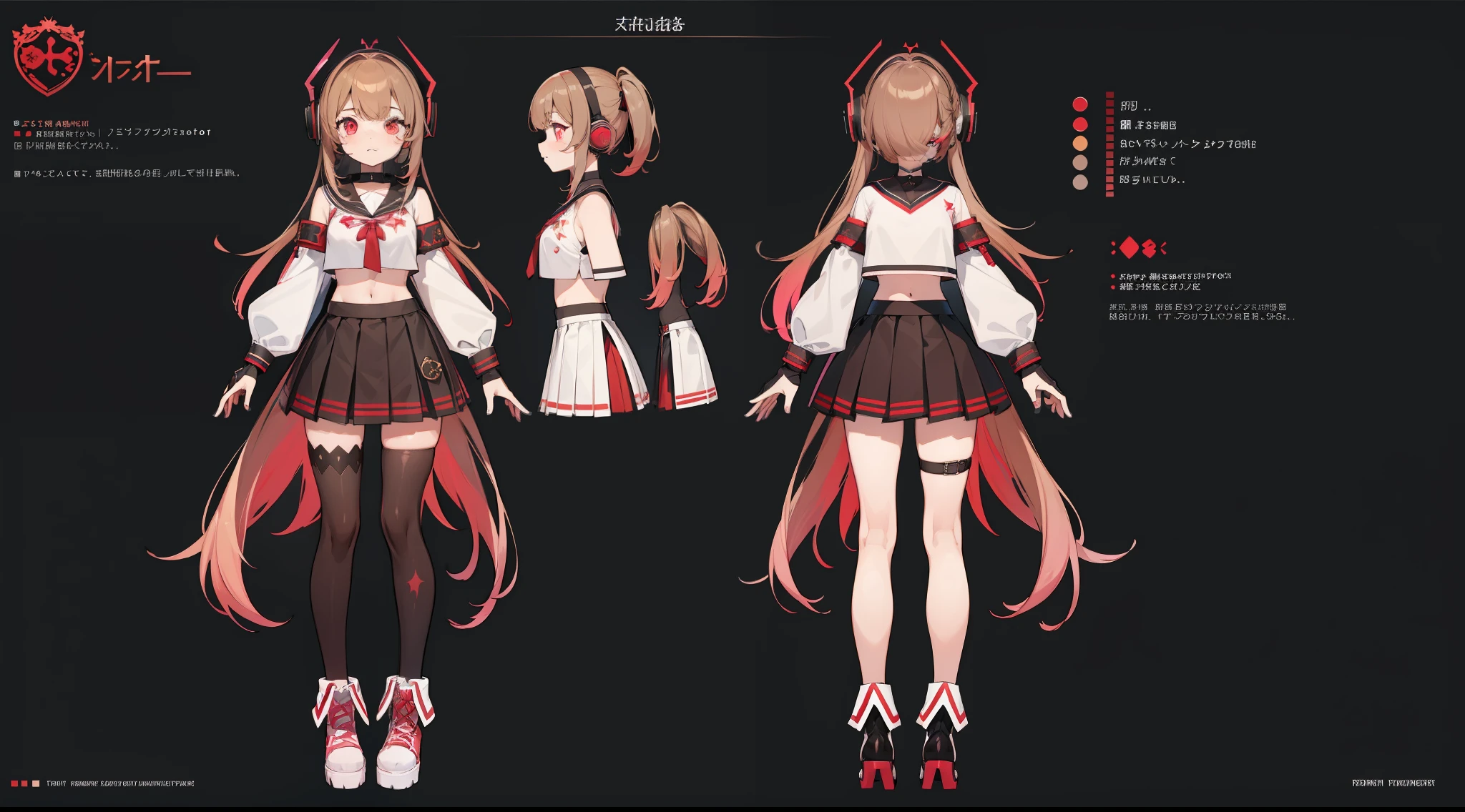 (Masterpiece, highest quality)), detailed face, character sheet, Full body, vtuber-fullbody, full of details, multiple poses and expressions, highly detailed, depth, many parts, 1girl, girl in a skirt and headphones, :3, long hair, bangs, multicolored hair, two-tone hair, gradient hair, brown hair with pink tips, black crop top, red skirt, pleated skirt, gloves, stockings, black choker, red eyes, star (symbol), symbol-shaped pupils