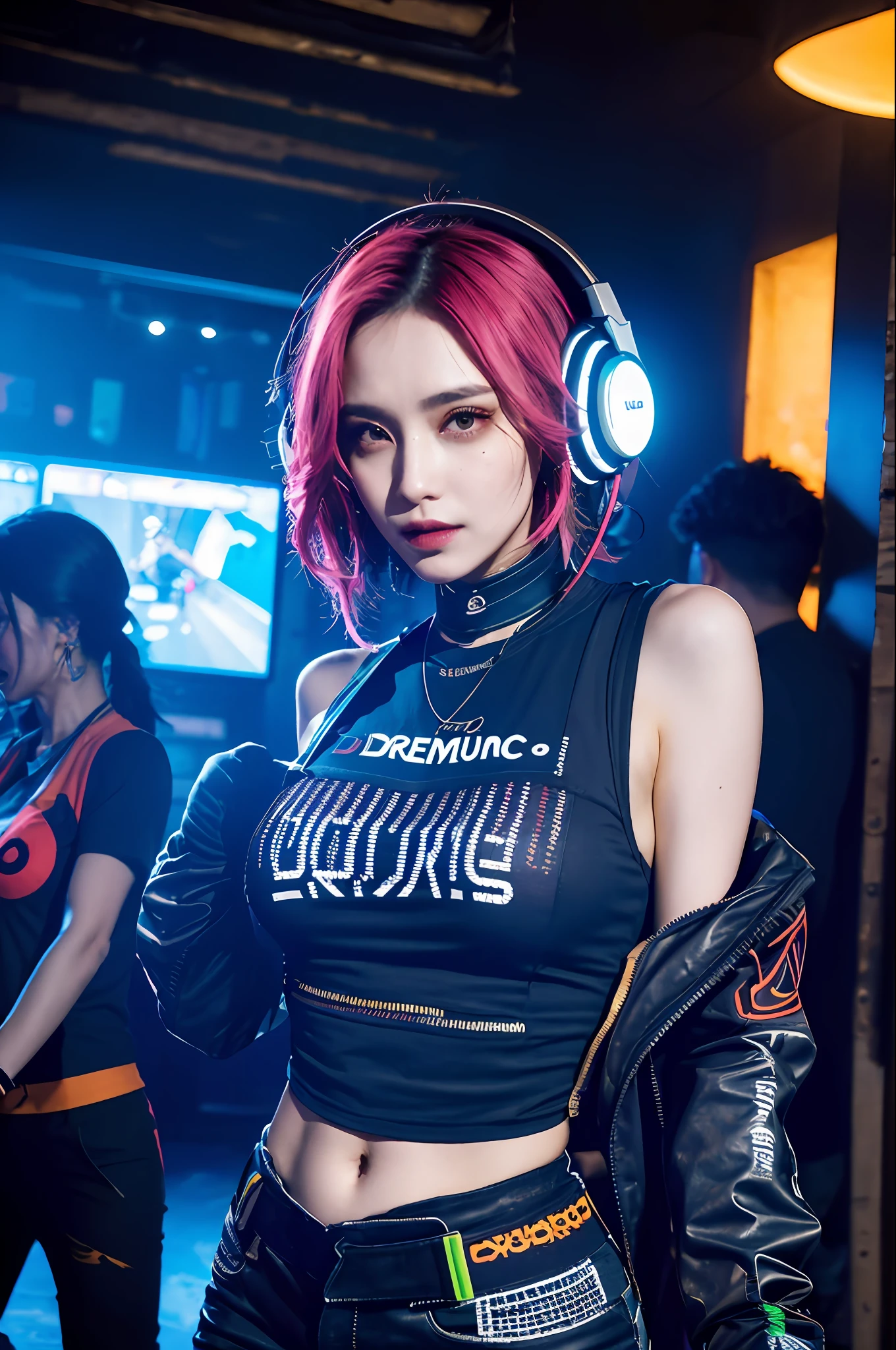 upper body,  female dj, cyberpunk clothes , quirky, vibrant appearance,  playful accessories, creative behavior, imaginative, sensual, spontaneous, dj headphones, mixing console, music club, night club, indie theaters, people dancing on the dance floor background,  underground danceclub,  highest quality, skin texture, intricate details, (cinematic lighting), RAW photo, 8k