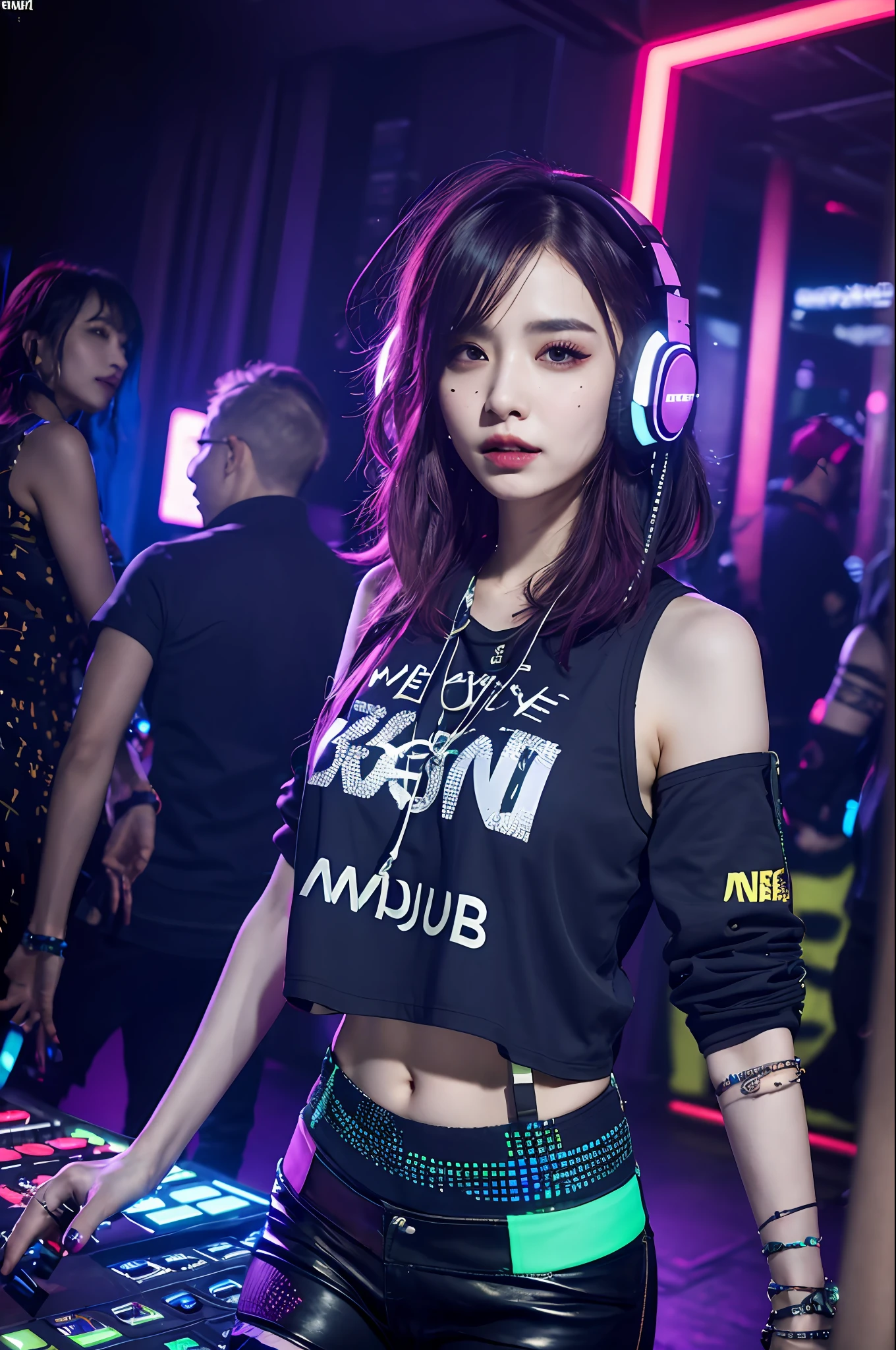 upper body,  female dj, cyberpunk clothes , quirky, vibrant appearance,  playful accessories, creative behavior, imaginative, sensual, spontaneous, dj headphones, mixing console, music club, night club, indie theaters, people dancing on the dance floor background,  underground danceclub,  highest quality, skin texture, intricate details, (cinematic lighting), RAW photo, 8k