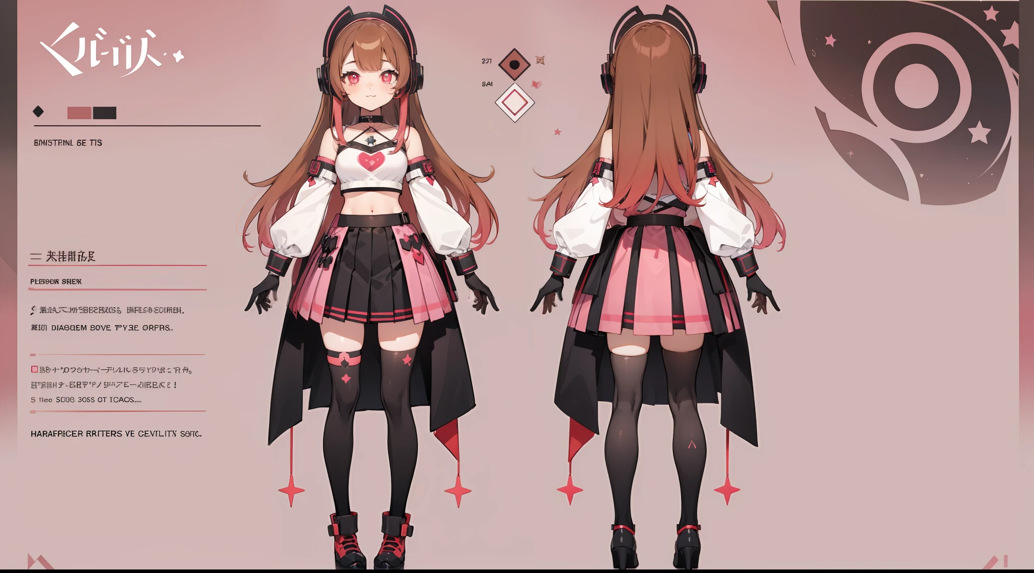 (Masterpiece, highest quality)), detailed face, character sheet, Full body, vtuber-fullbody, full of details, multiple poses and expressions, highly detailed, depth, many parts, 1girl, girl in a skirt and headphones, :3, long hair, bangs, multicolored hair, two-tone hair, gradient hair, brown hair with pink tips, [[[[[[[[[pink hair]]]]]]]]], black crop top, red skirt, pleated skirt, gloves, stockings, black choker, red eyes, star (symbol), symbol-shaped pupils