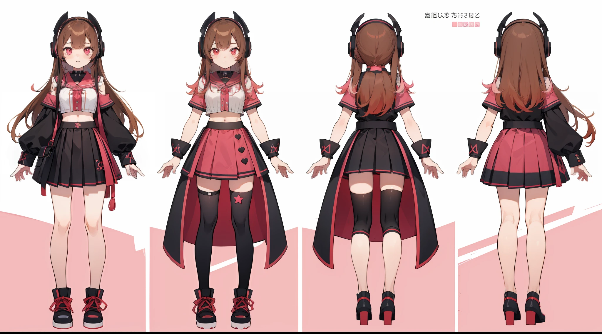 (Masterpiece, highest quality)), detailed face, character sheet, Full body, vtuber-fullbody, full of details, multiple poses and expressions, highly detailed, depth, many parts, 1girl, girl in a skirt and headphones, :3, long hair, bangs, multicolored hair, two-tone hair, gradient hair, brown hair with pink tips, [[[[[[[[[pink hair]]]]]]]]], black crop top, red skirt, pleated skirt, gloves, stockings, black choker, red eyes, star (symbol), symbol-shaped pupils