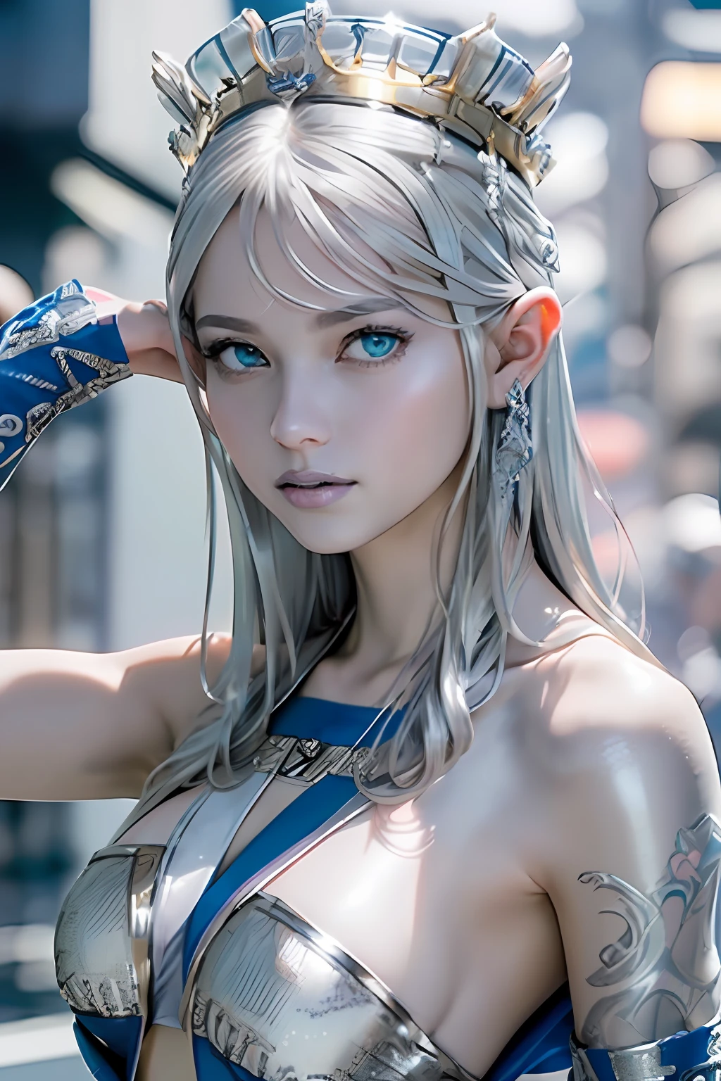 Ultra-detailed complex 3D rendering of the face, (masterpiece, top quality, octane rendering,), glamour shots full body image, very beautiful young elves, cleavage, (highly detailed skin: 1.2), (exposure: 1.1), ((blue micro bikini: 1.95)))). , 8k, (((very soft breasts)), (((conspicuous large pink areola)), beautiful Caucasian woman with white skin with full soft breasts with big buttocks, one, long braided hair, big breasts, dynamic angles, (((huge breasts: 2.4)), ultra-realistic photos, ((((((silver hair)))), futuristic urban background, facial muscles, (((((detailed and glamorous silver crown)))), In the style of Marvel Comics, ArtStation Trends, Clear Focus, Intricate Details, Very Detailed, Detailed Green Eyes, Sharp Focus, Digital Rendering, Professional, Abs, Lip Gloss, Glossy Skin, Sexy Pose, Golden Tattoo All Over Body, Silver Pattern All Over Body, Silver Lame Skin, Gold Glitter Skin, Mansuji, Buttocks, Jeweled All Over the Body, with silver scales, silver hair,