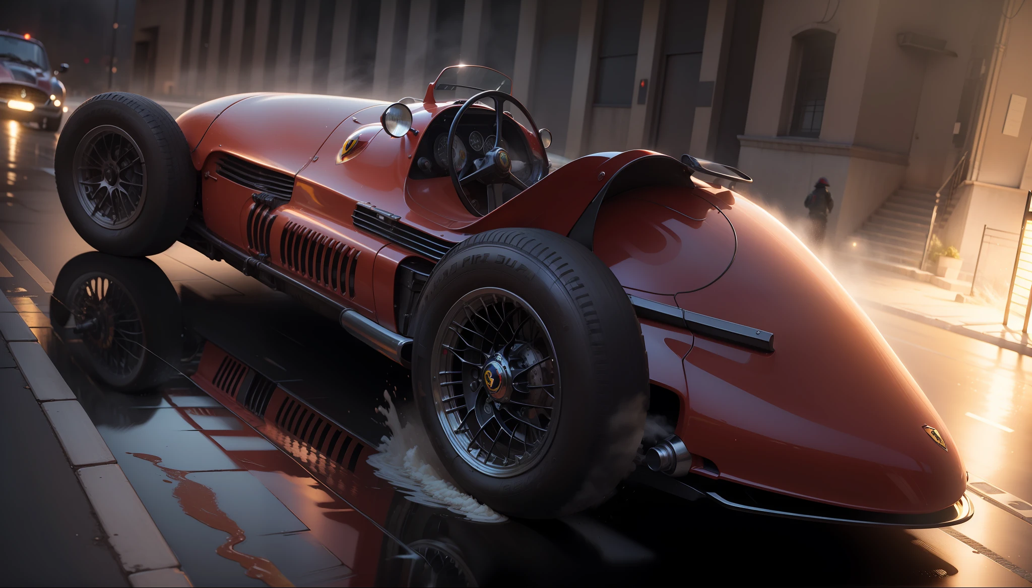 Necessidade de velocidade, FERRARI 125S 1950 VERMELHO BRILHANTE, Headlights on, correndo pela rua molhada, quase, spreading water on the street, hyper realistic, motion blur, blurry background, altamente detalhado, divine proportion, (((Enquadrado))), perfect composition, perfect lighting, octan render, 8k, Artistic photography, trending on ArtStation, foco nítido, Studio photo, detalhes intrincados, altamente detalhado, Directed by: Greg Rutkowski