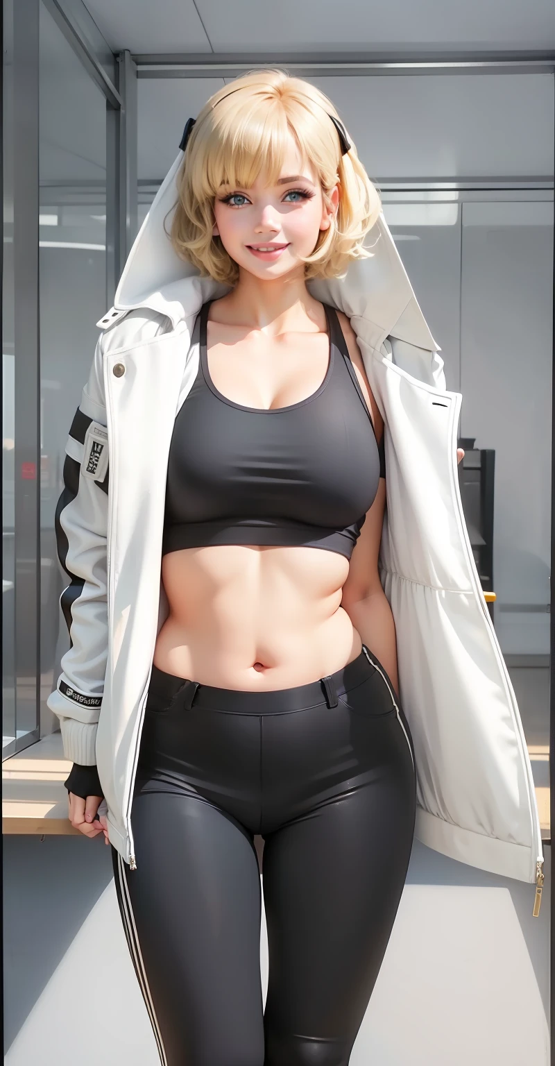 smile sweetly, Chubby body, beautiful eyes, short hair, metallic brown, wears a white jacket, tight black lagging pants, chubby, photo cenematik