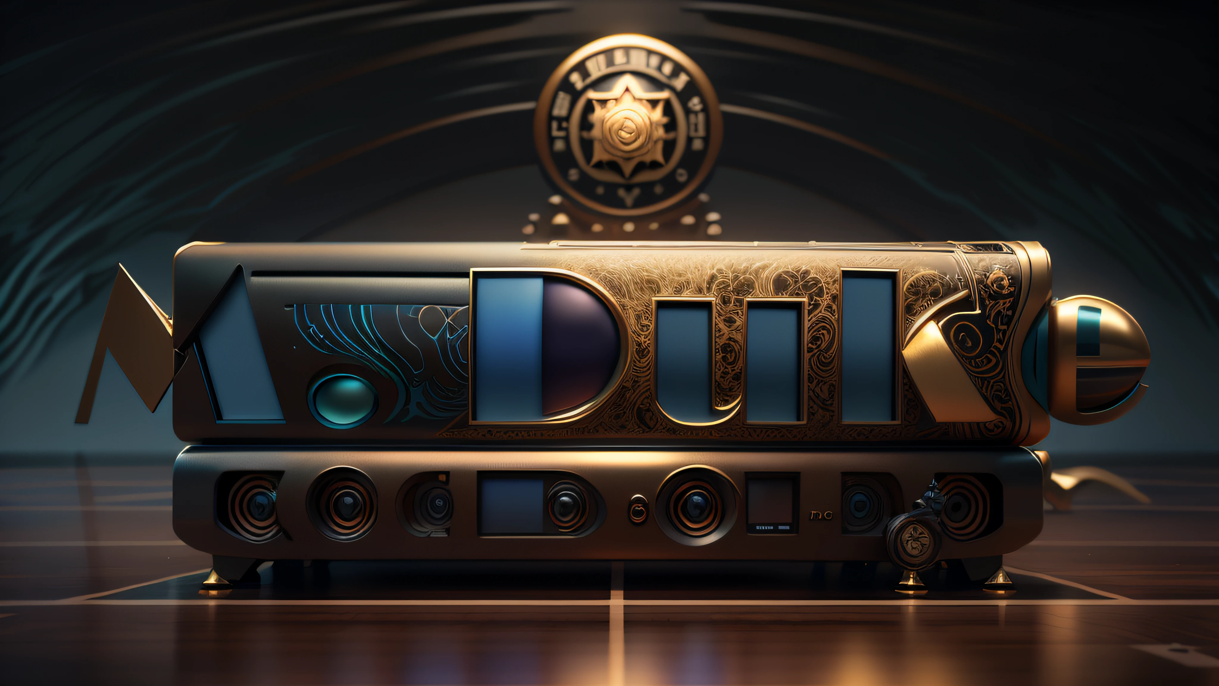 Logo com o nome M.Duke com tema bege, azul marinho e bronze, 8k, 3D-rendering, hiper realista, logo is on a mirrored chessboard, NVIDIA, ray-traced, Bokeh, profundidade de campo, Sinalizadores,