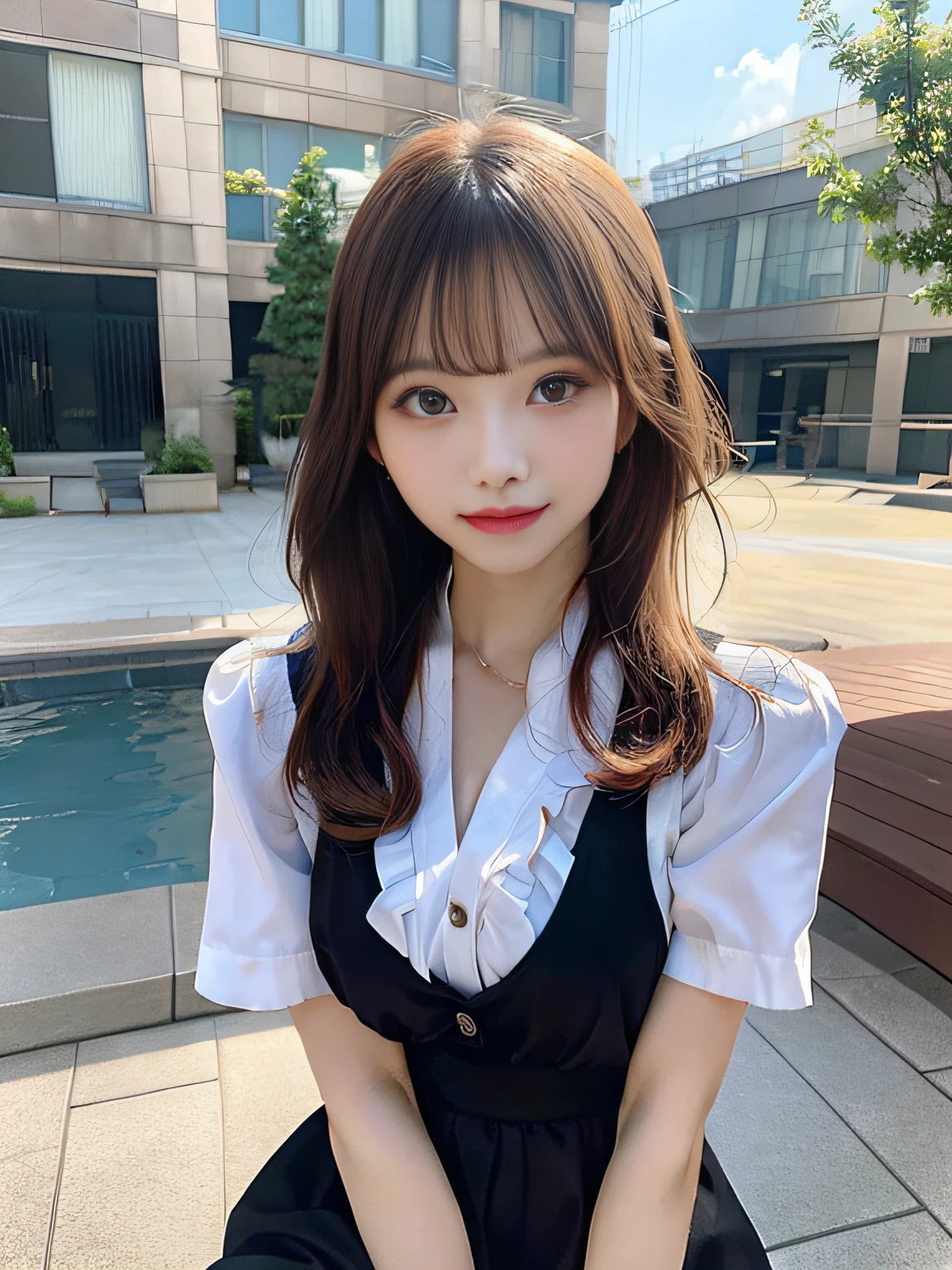 （64k，RAW photos，best qualtiy，masterpiecel1.4），（realisticlying，photograph realistic：1.37），Photos of Japanese girls，Wear a school uniform，naturey（big cleavage breasts：1.25），（small：1.4），looks away，seduct smile，（Kpop idol），messy  hair，（（short）），（Pink blush），（illuminating），pool，Sit on the bed，，（独奏），dynamicposes，（erected ），（femele）， （puffy eye：1.3）， （delicate leg）， hdr， highly  detailed， Environmental occlusion， Harmonious composition， fine art photography，（（Liuhai）），gigantic cleavage breasts，（（Shoot from bottom to top）），Long legs，Wearing black stockings，full bodyesbian，Perfect facial expression