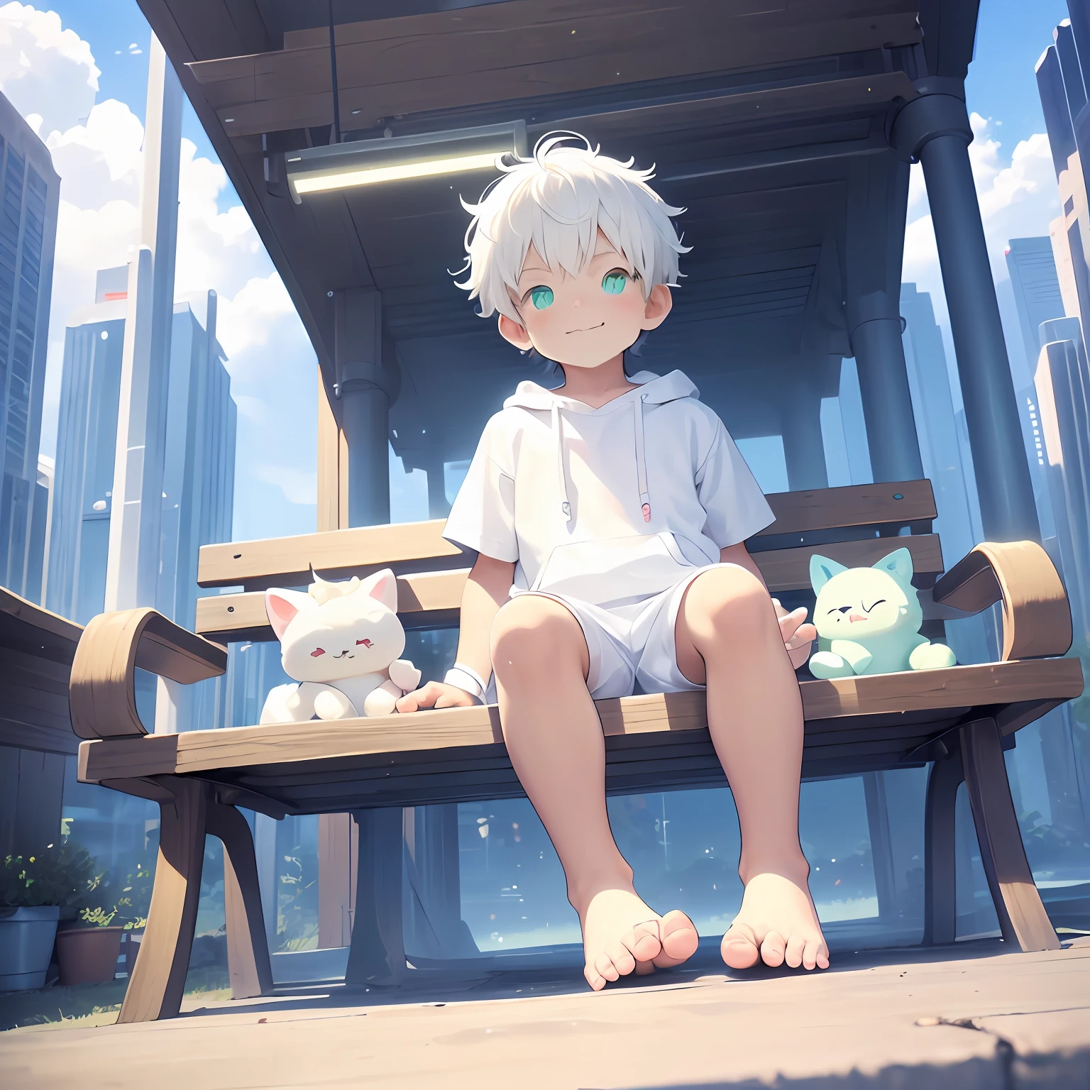 4K), little boy with white hair and green eyes and barefoot and white Onesie pajama small tiny feet, smirking, He sits on a Bench, showing feet, sexy feet pose, Nebel Licht, Impressionismus, 2D, Focused on feet, feet pose, kawaii, cute colors, light tan, libido, teasing feet, soft feet