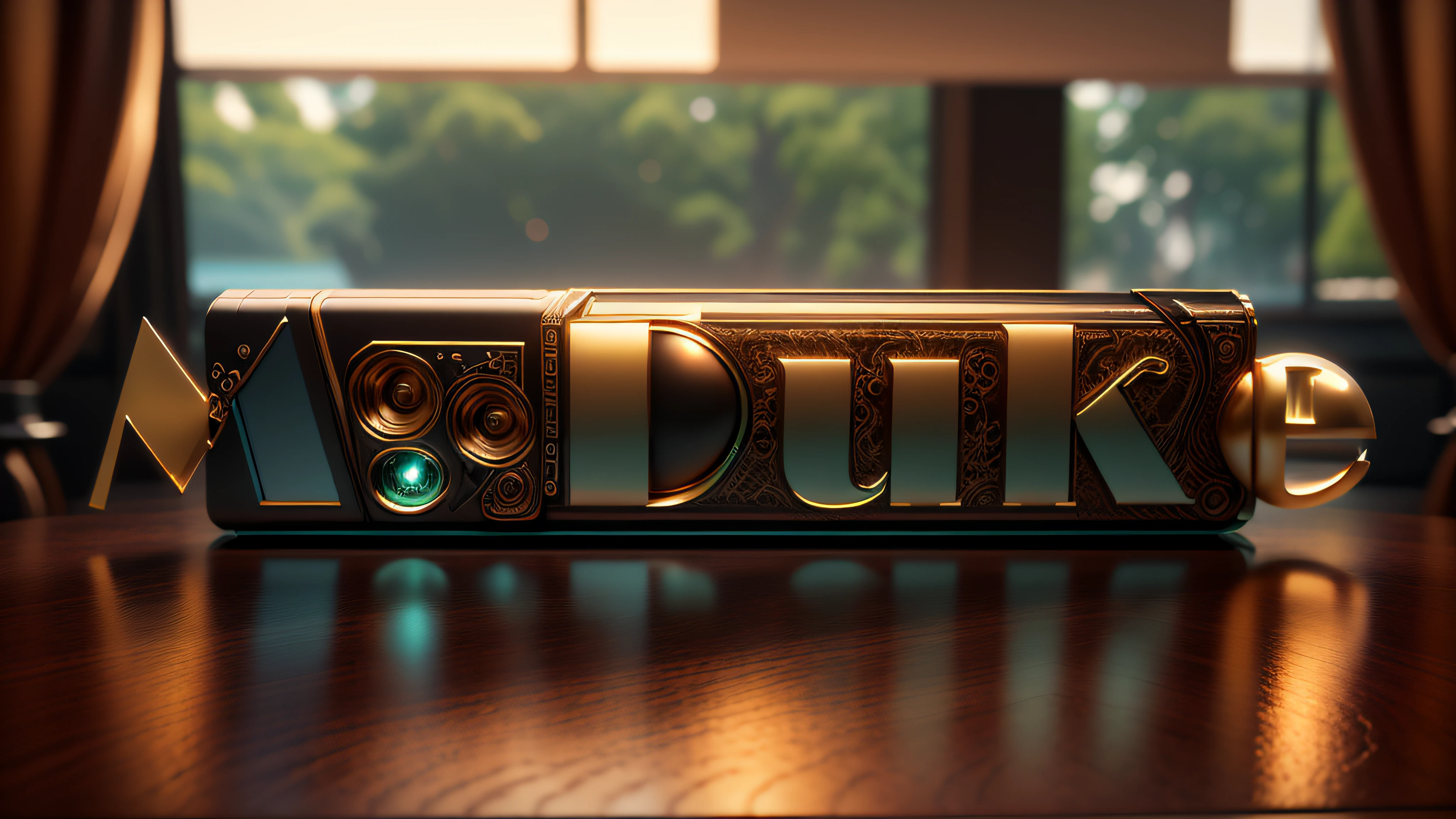 Logo com o nome M.Duke com tema da Mulher-Gato, 4k, 3d render, hiperrealista, sobre um tabuleiro espelhado de xadrez, NVIDIA, ray-traced, bokeh, depth of field, flares,
