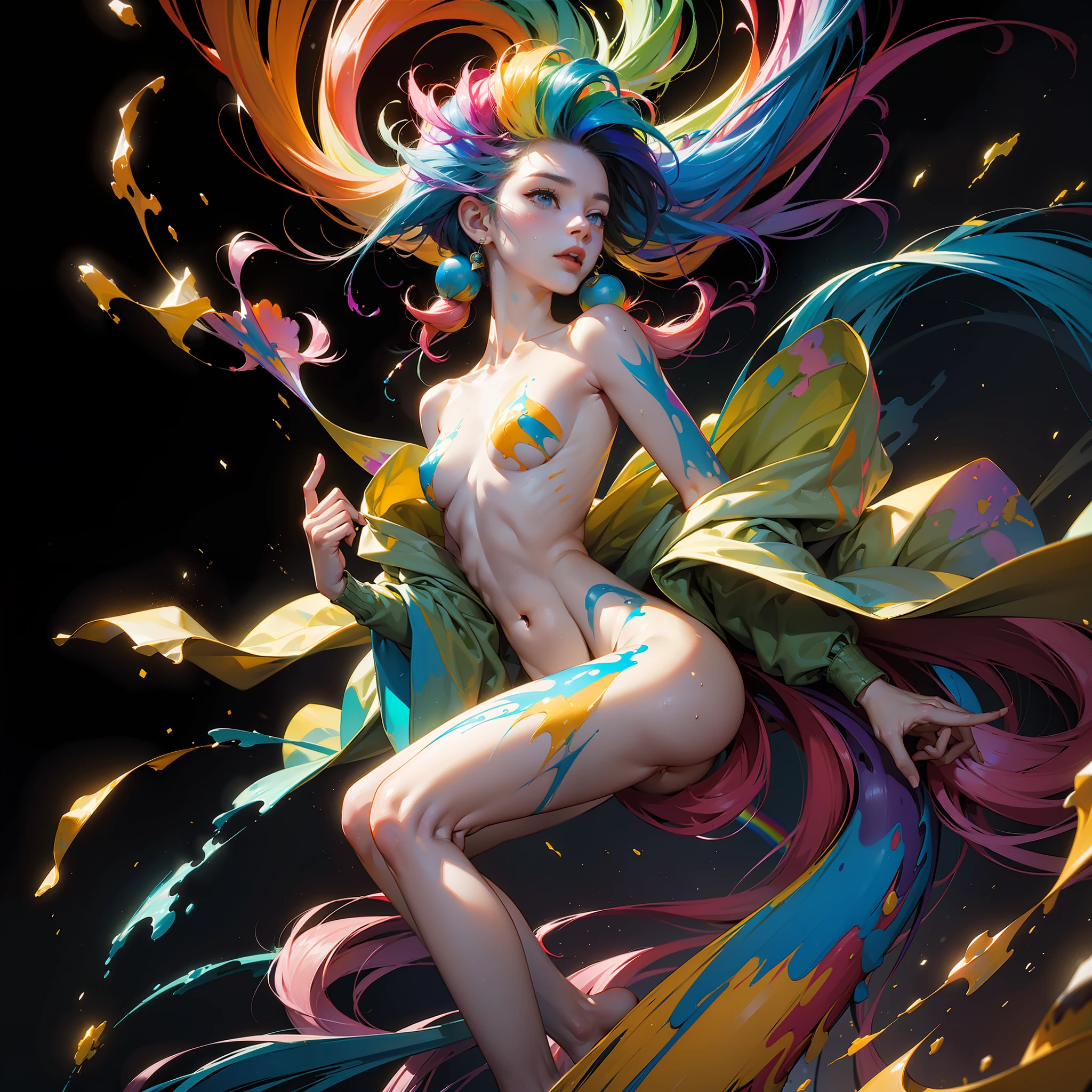 (masterpiece, high detail, high resolution), a woman looking at the viewer, colourful thick paint bursting from her head in all directions, colourful paint raining, (thick rainbow paint hair: 1.8), sensual painting, paint raining on her, small hip, (small breasts and small butts: 1.9), (((slim body))), full body view, ((no floor, black background, no background))), breasts covered with paint, sfw, calm facial expression, relaxed, ((clothes made of paint, no clothes)), detailed, (volumetric paint explosions, vibrant colours, level difference detail)